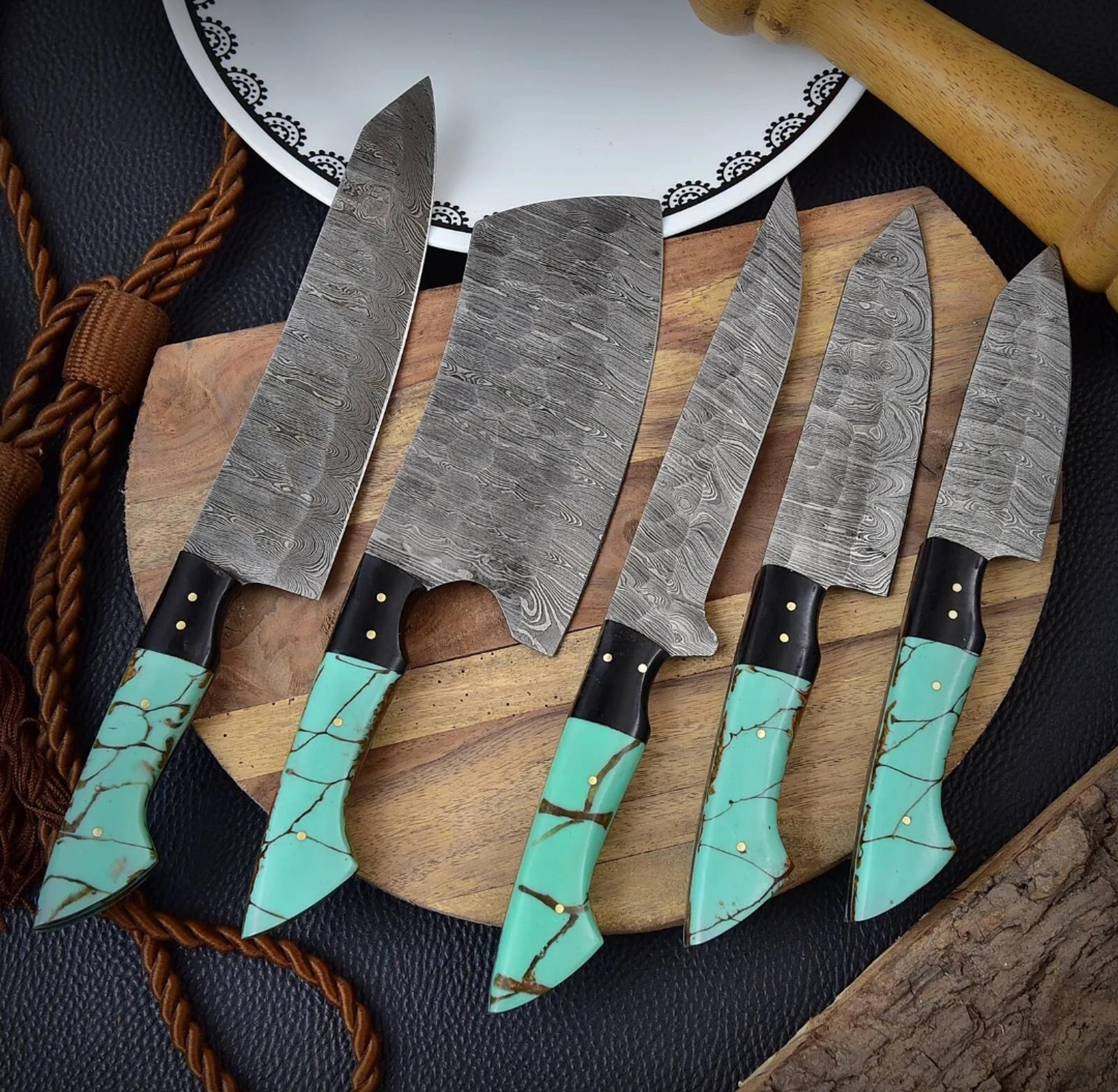 5 pc custom handmade hand forged damascus steel chef knife set