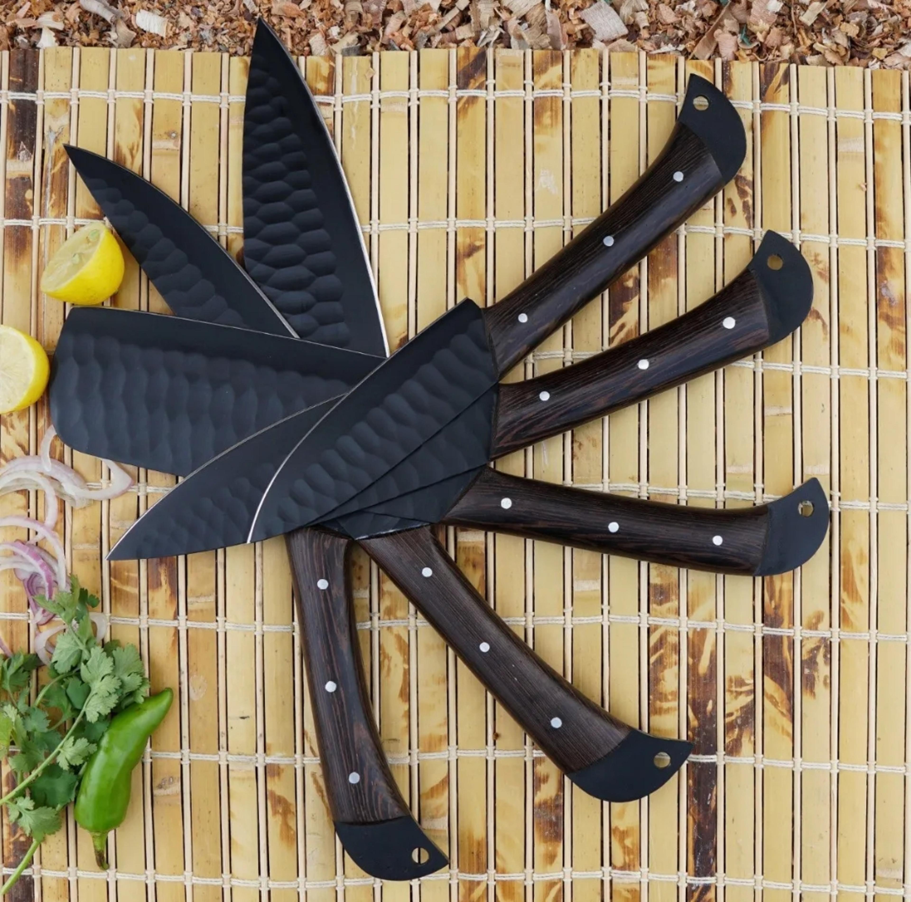 5 pc custom handmade hand forged black coated carbon steel chef set kitchen knives