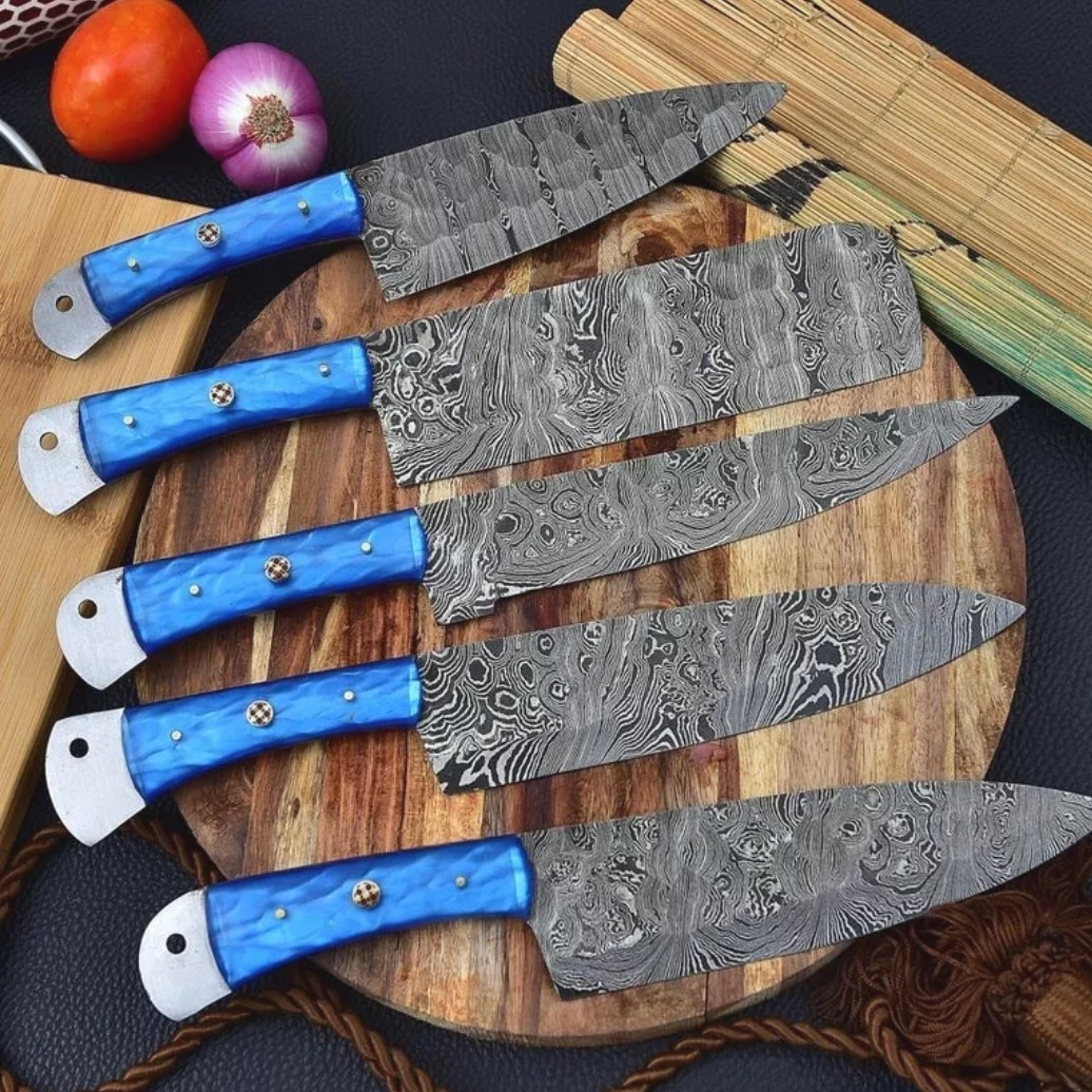handmade damascus chef knife set of 5 pcs with leather sheath father's day gift groomsmen gift bbq
