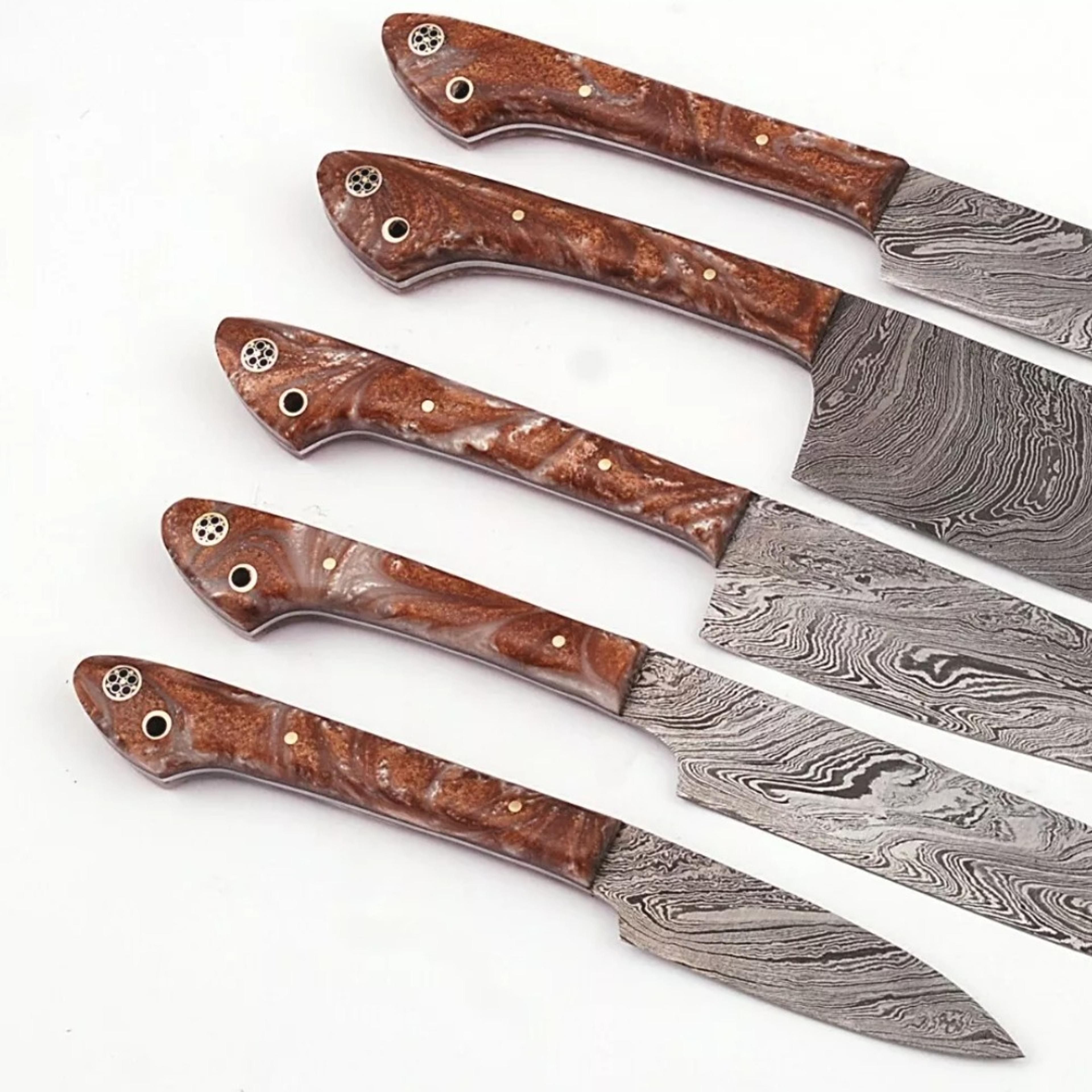 handmade damascus chef knife set of 5 pcs with leather sheath father's day gift groomsmen gift bbq