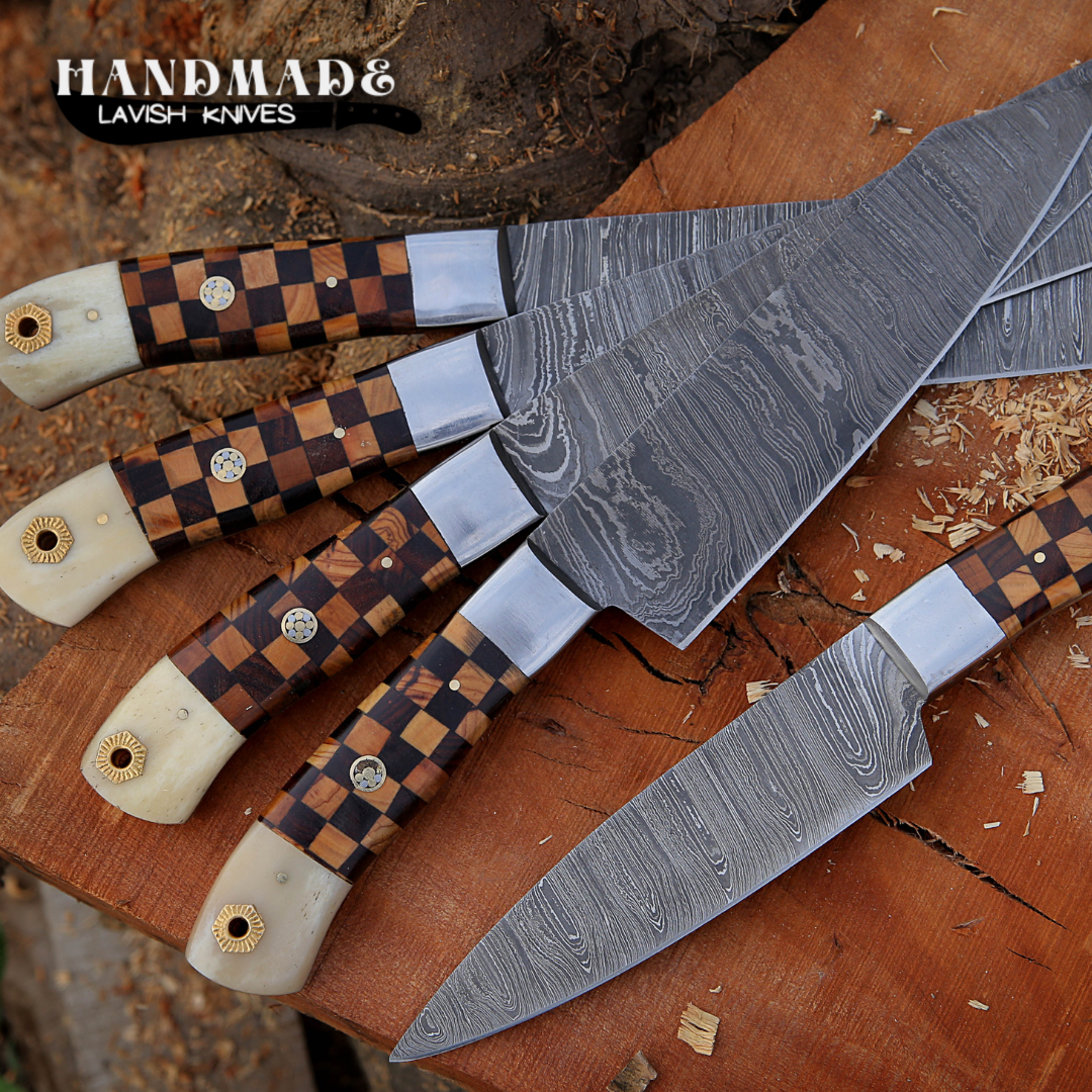 handmade damascus chef knife set of 5 pcs with leather sheath father day gifts christmas gifts