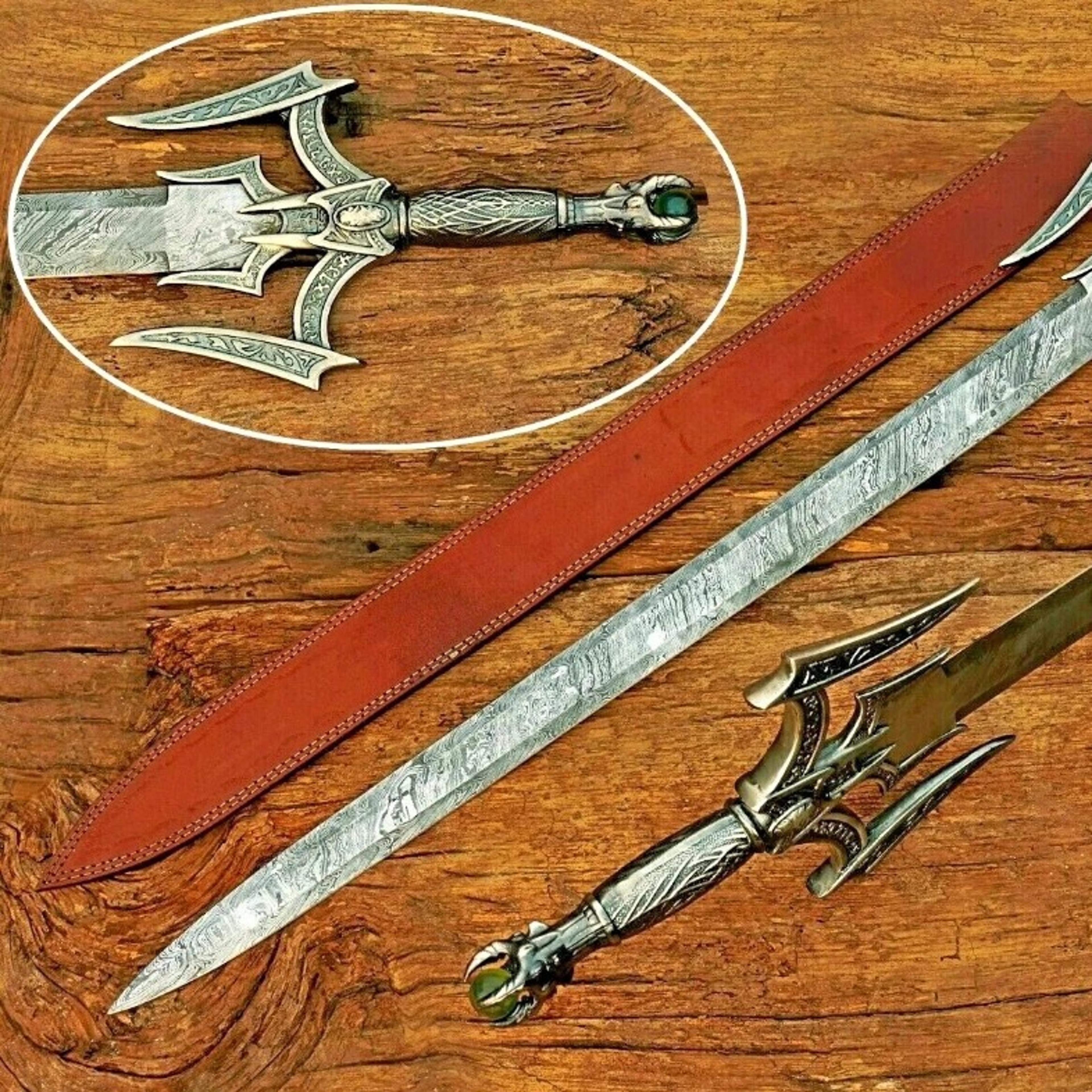 damascus steel barbarian sword w jewel handle & leather sheath