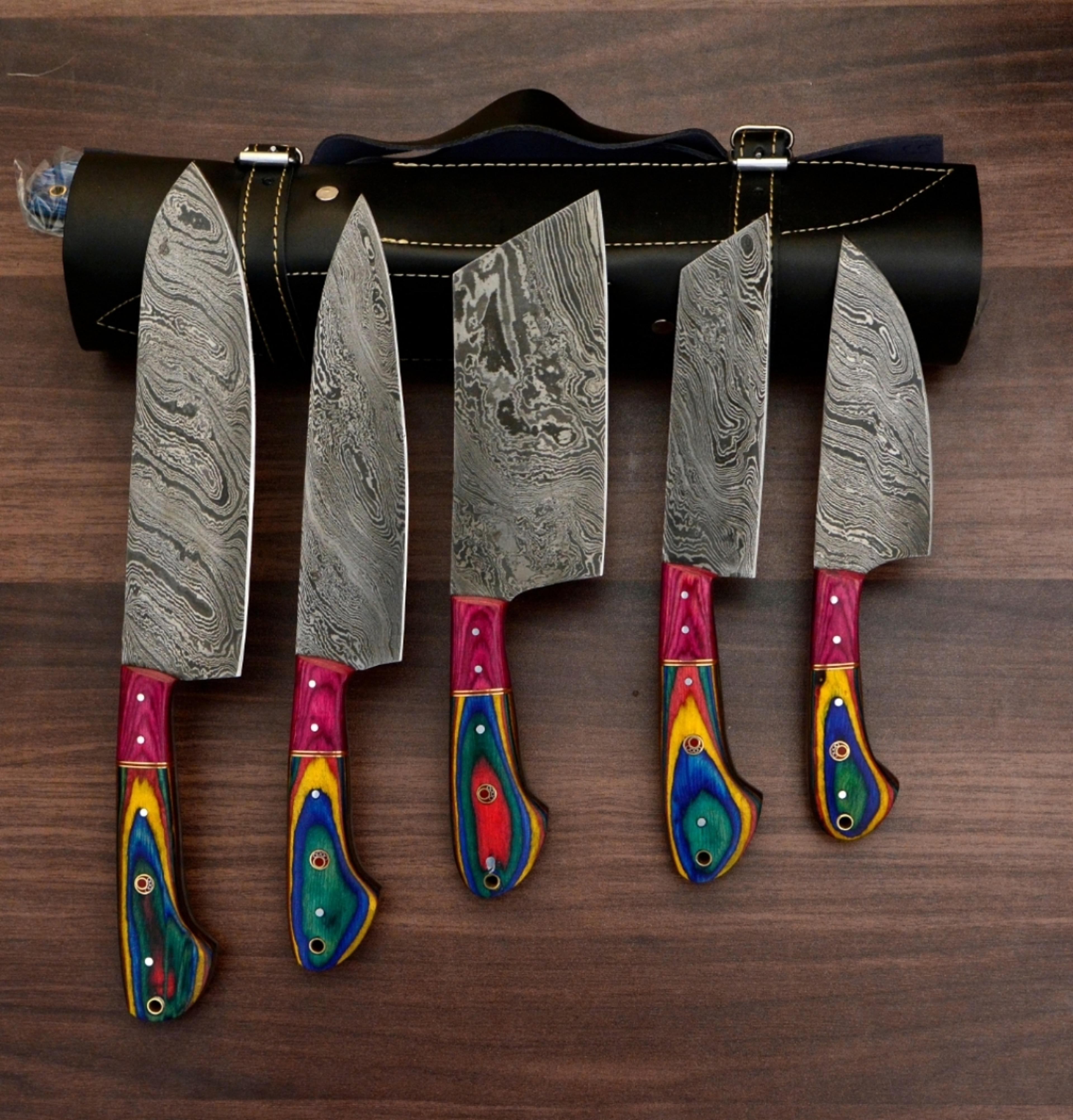 damascus chef set of 5 pieces ,custom handmade chef set , handmade damascus chef set ,personalized gift for mother ,