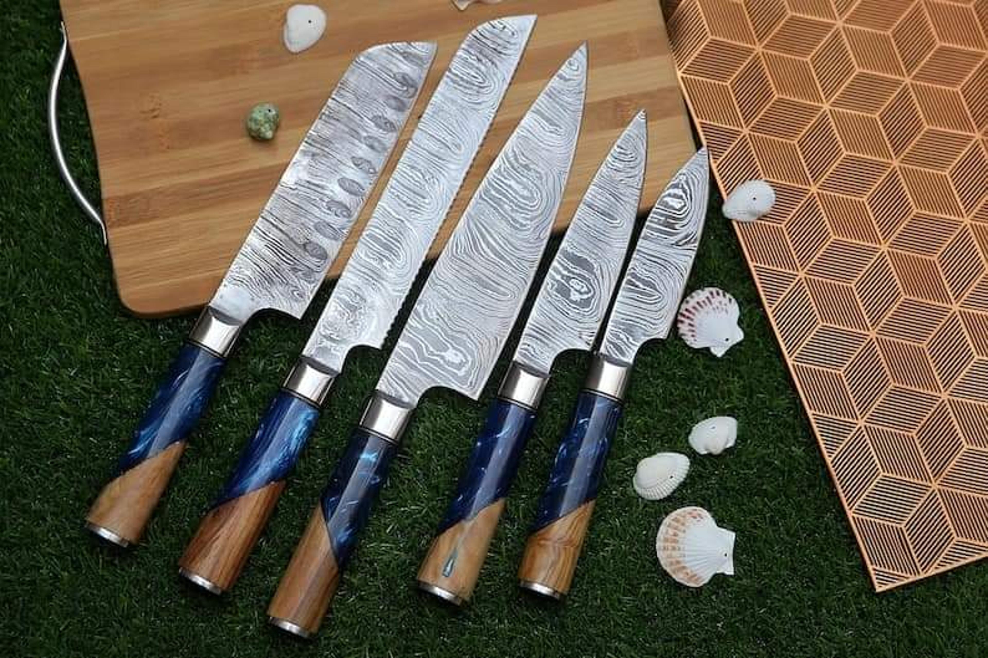 damascus chef set of 5 pieces ,custom handmade chef set , handmade damascus chef set ,personalized gift for mother ,
