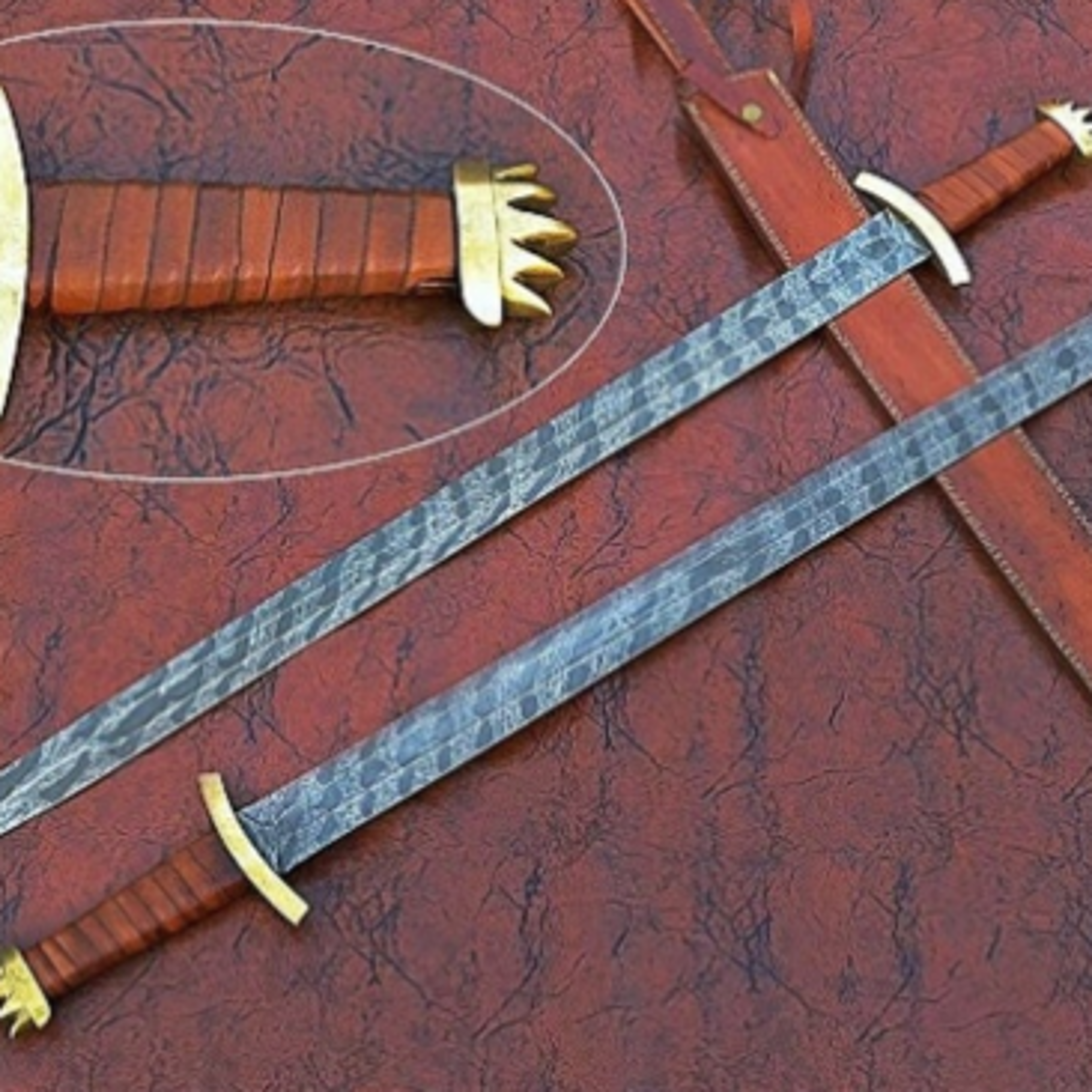 damascus sword, claymore sword, double edge blade sword, crown shape pommel, battle ready sword,