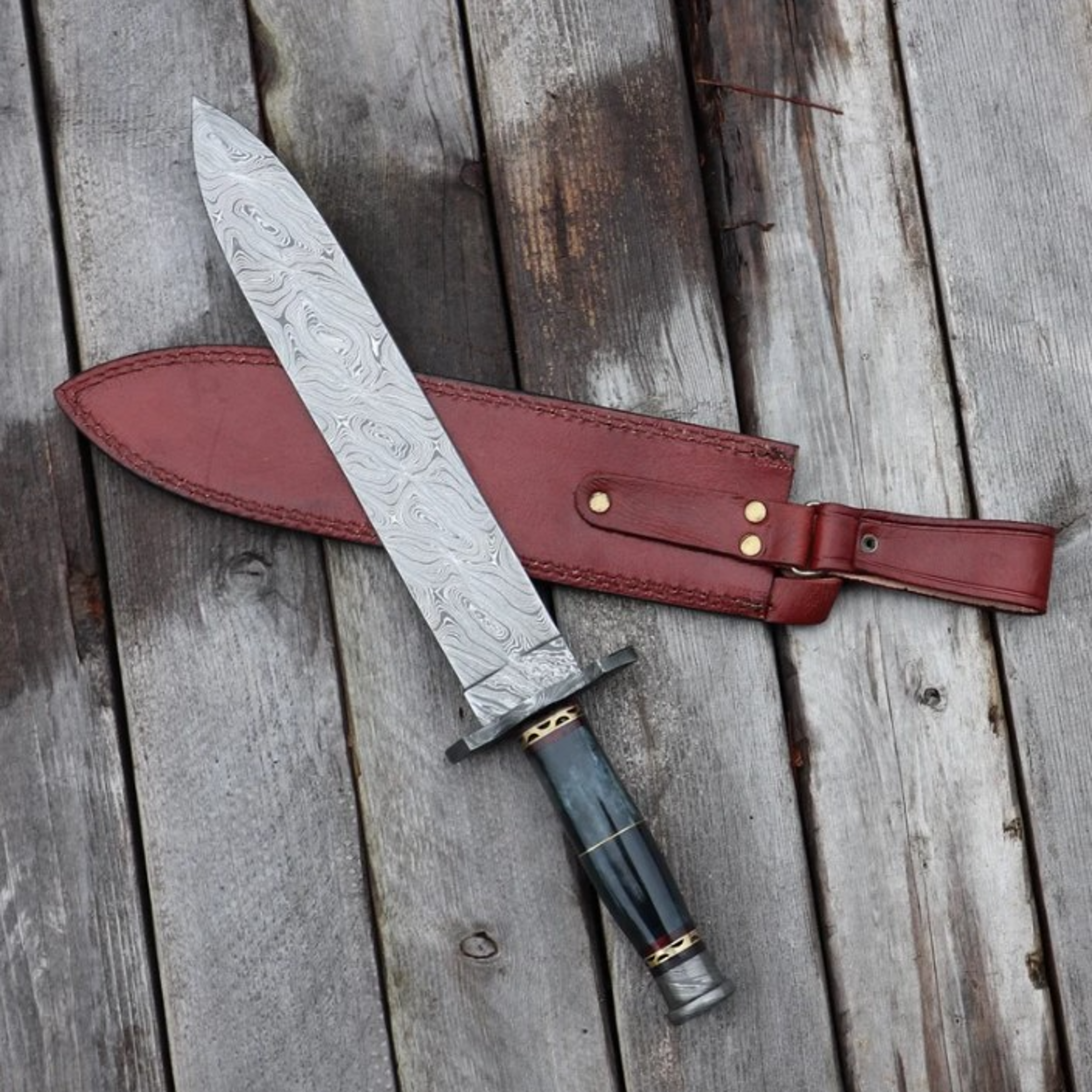 army of the dead damascus steel dagger - hand forged pattern welded steel collectible short sword with camel bone handle
