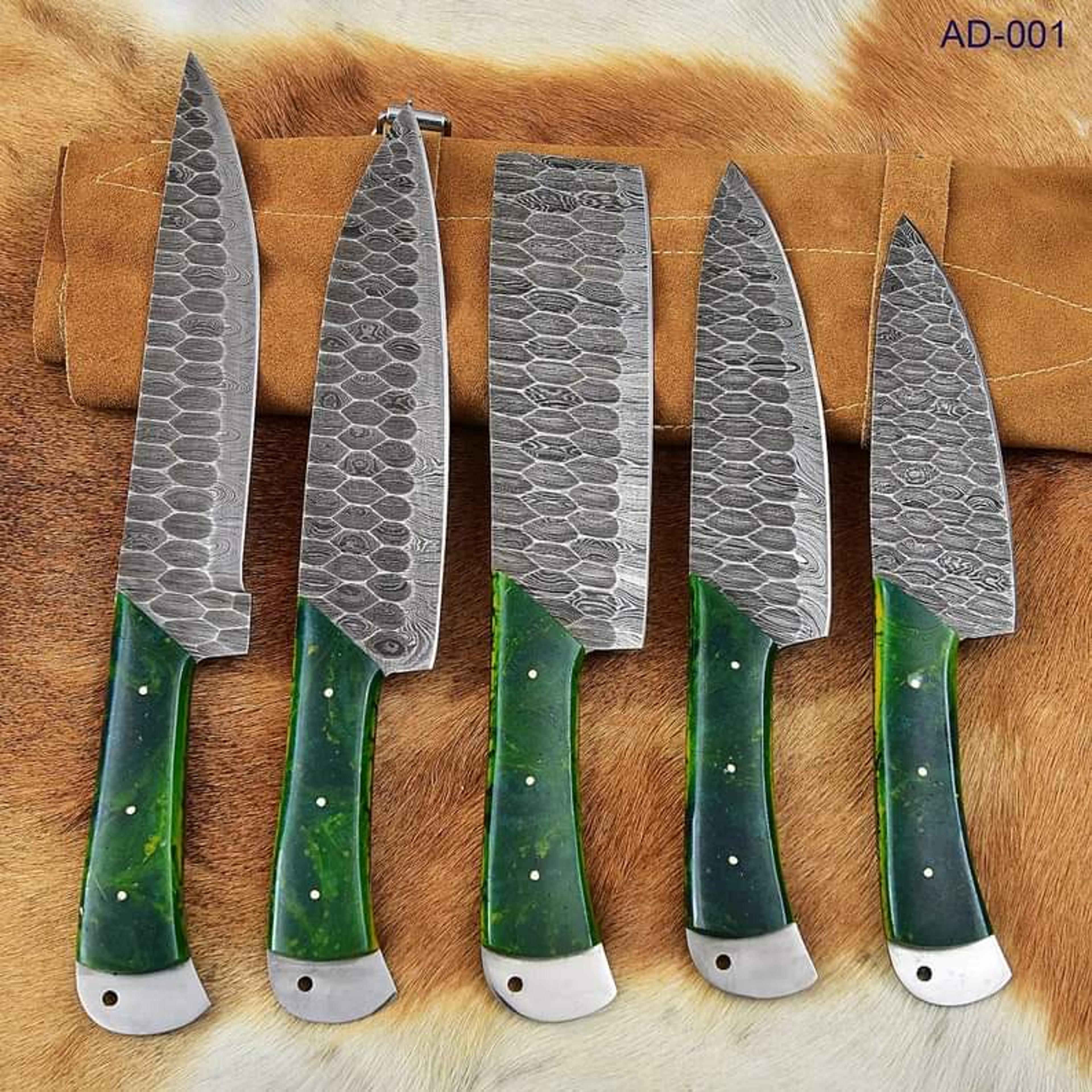 carbon steel chef set of 5 pieces ,custom handmade chef set , handmade damascus chef set ,personalized gift for mother ,