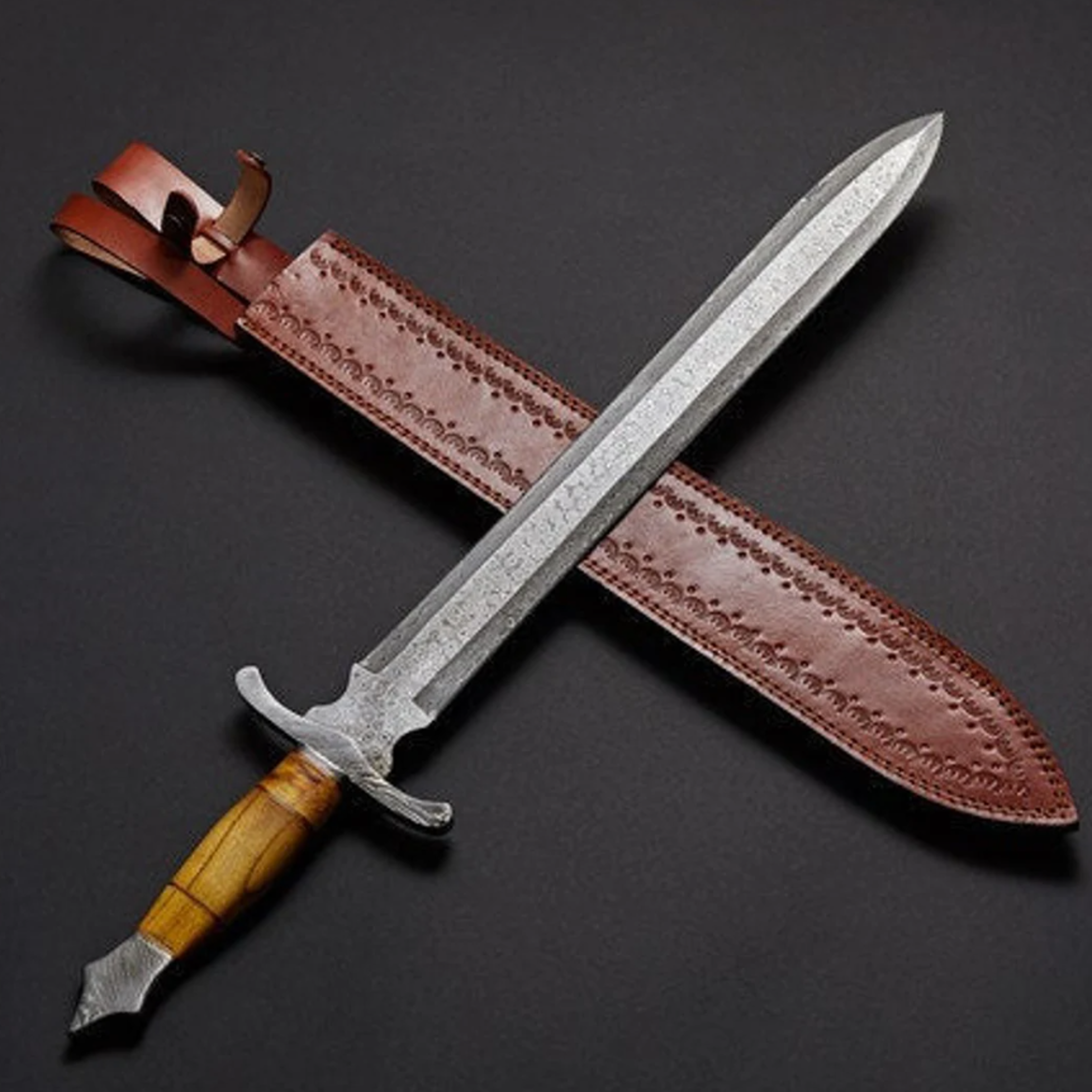 handmade damascus steel hunting sword with leather sheath, camping sword, adventure lovers