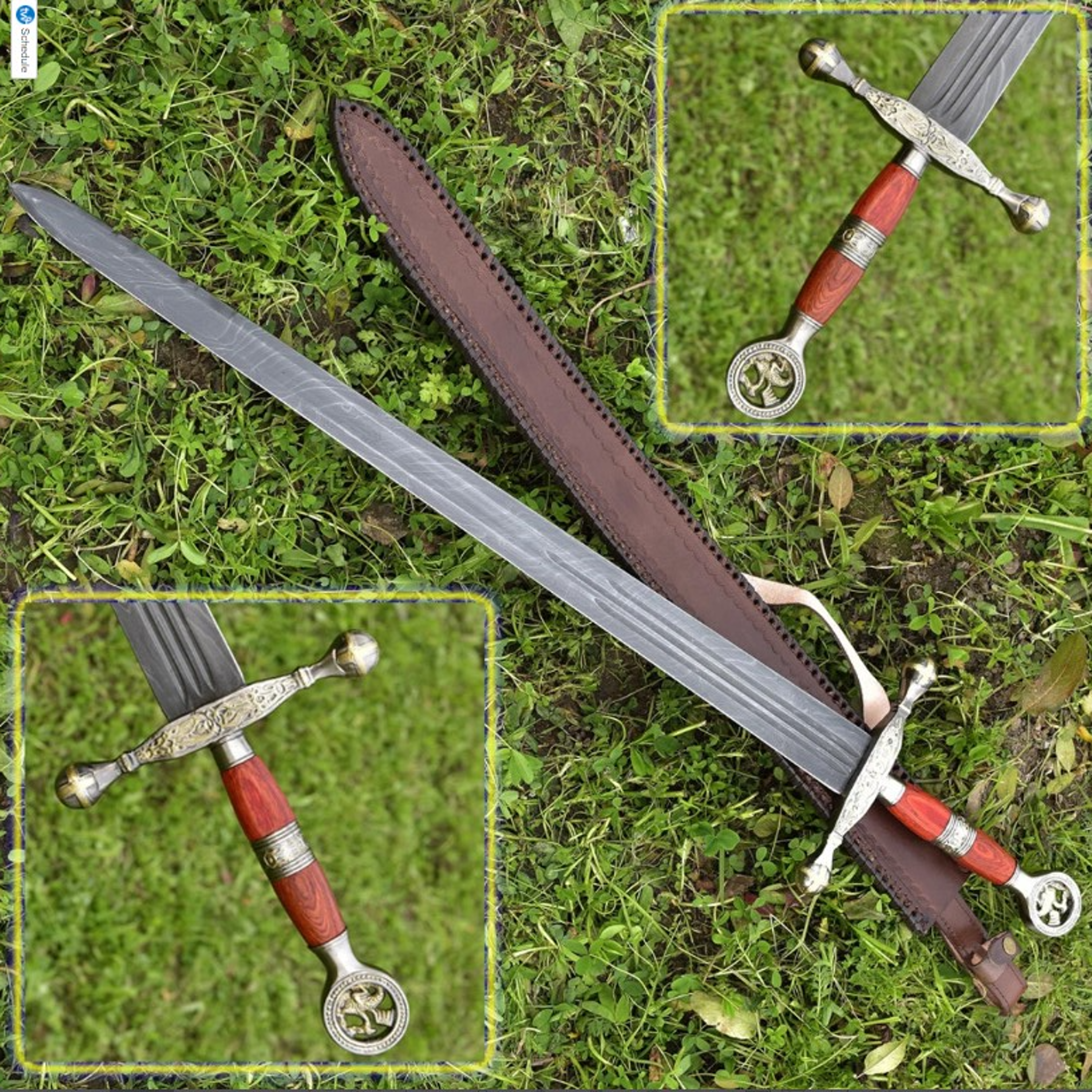 carolingian damascus steel sword | triangle brass pommel