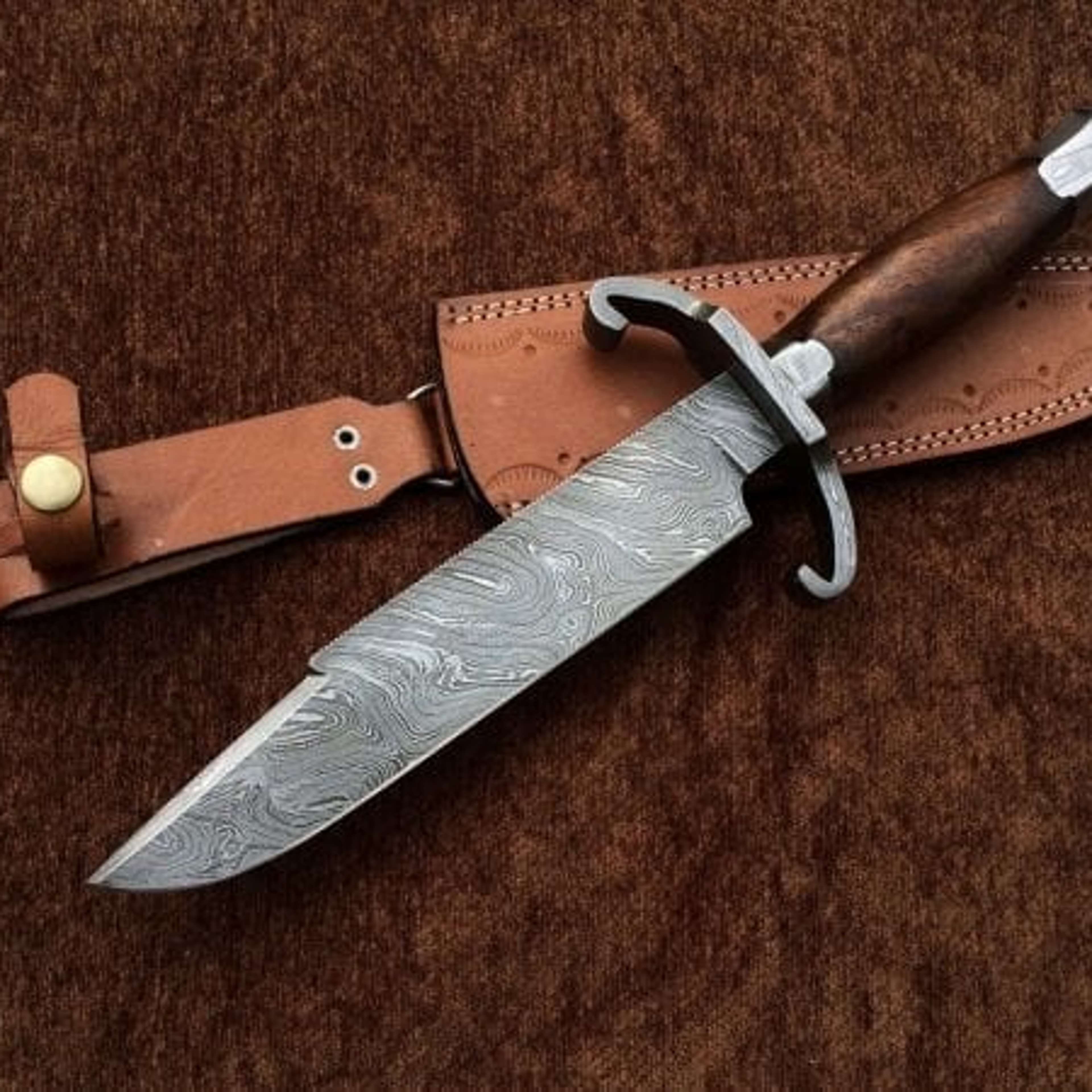 hunting bowie knife , damascus bowie hunting knife, steel bowie knife with leather sheath