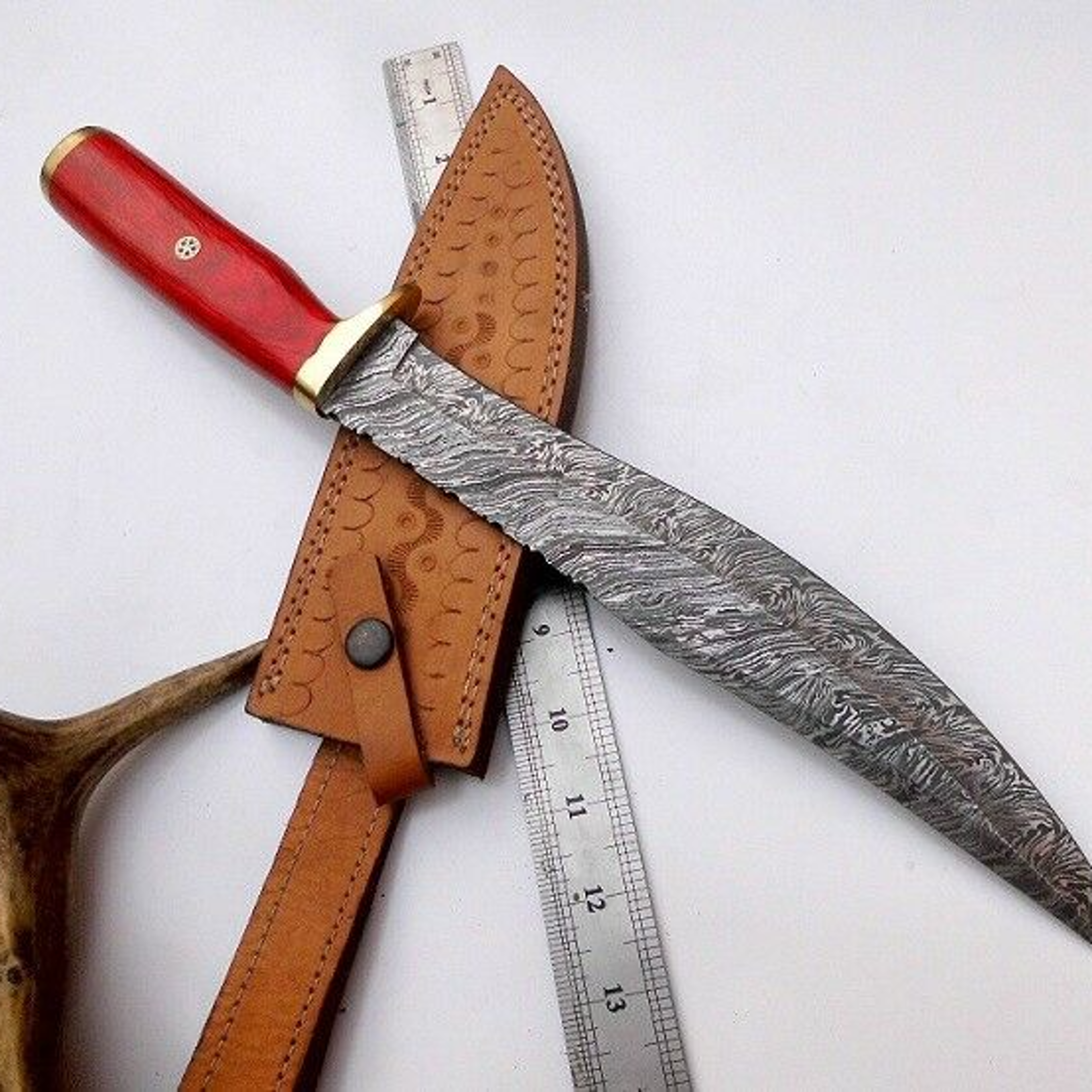 bowie hunting knife, damascus steel bowie knife, 16 inch bowie knife with leather sheath