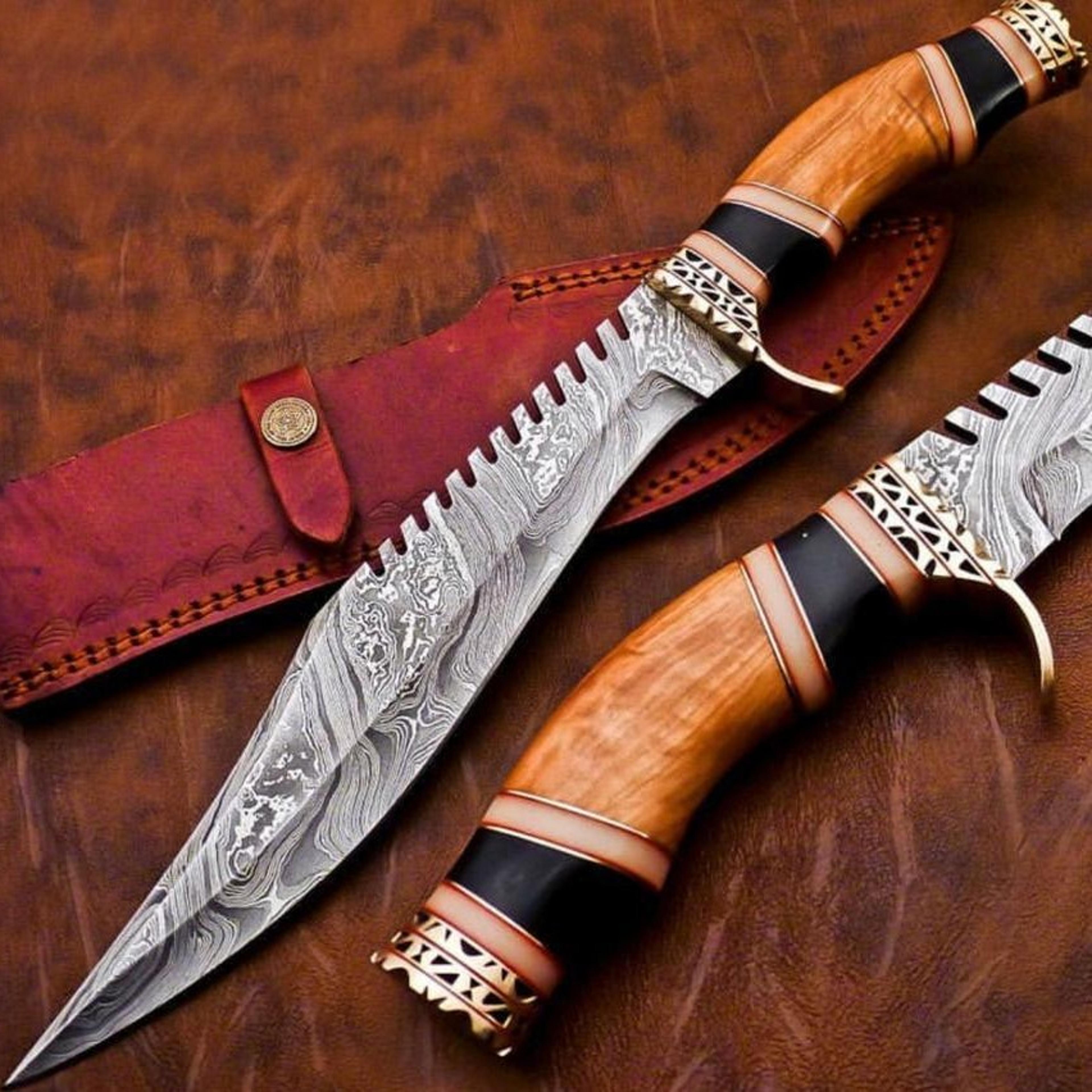 custom handmade damascus steel bowie knife olive wood handle and brass finishing
