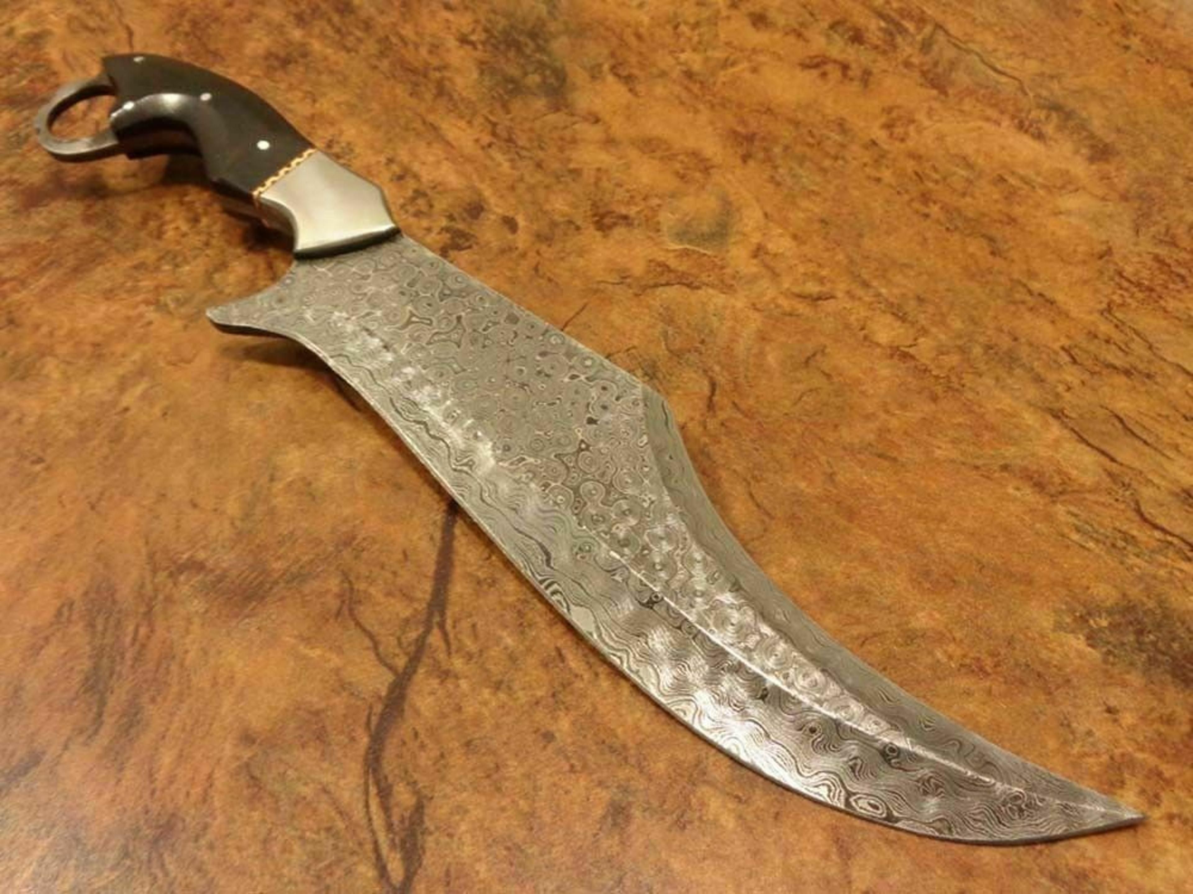 10 inches handmade damascus steel tactical punisher bowie with bull horn handle and brass ring
