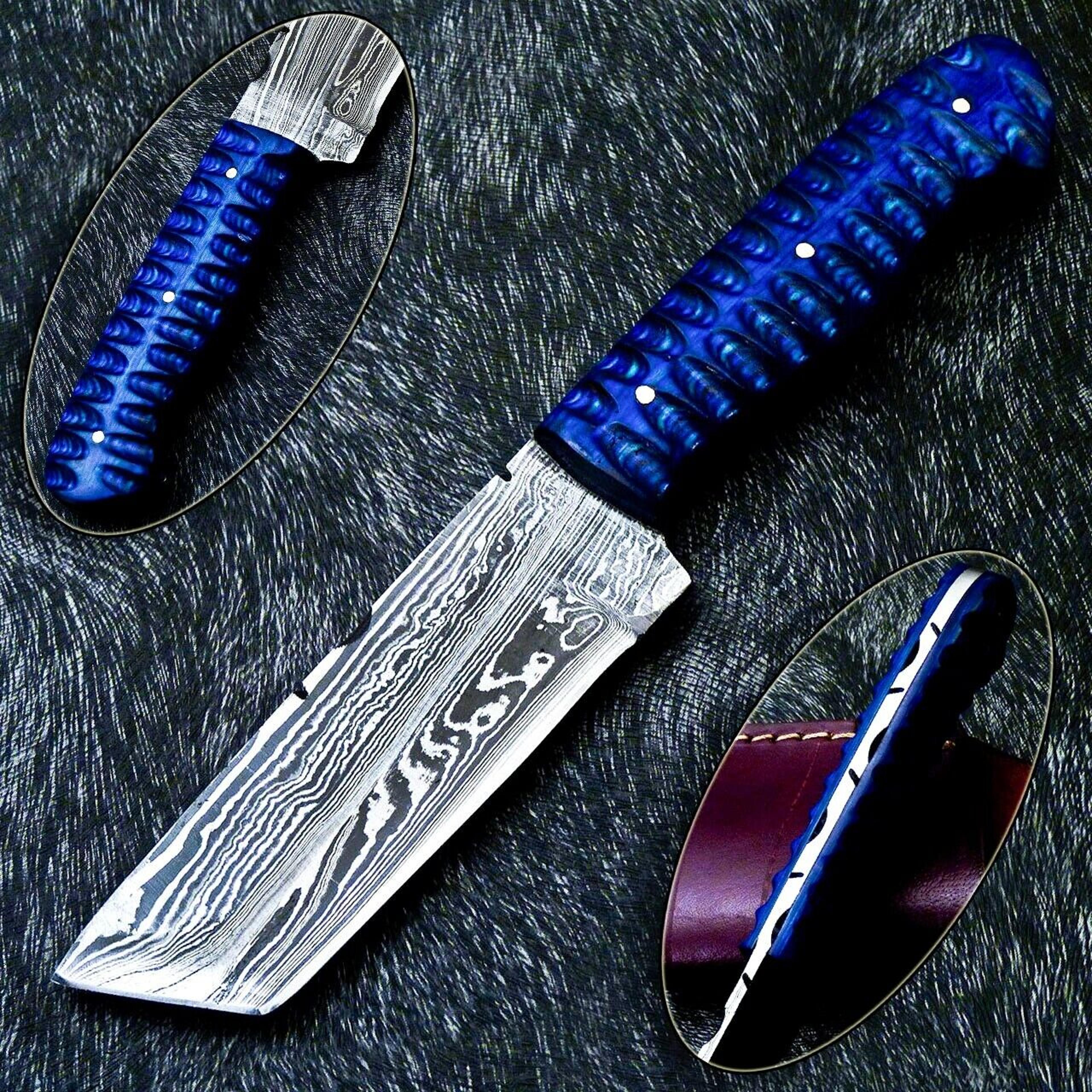full tang skinning hunting knife, hand forged damascus blade with leather sheath