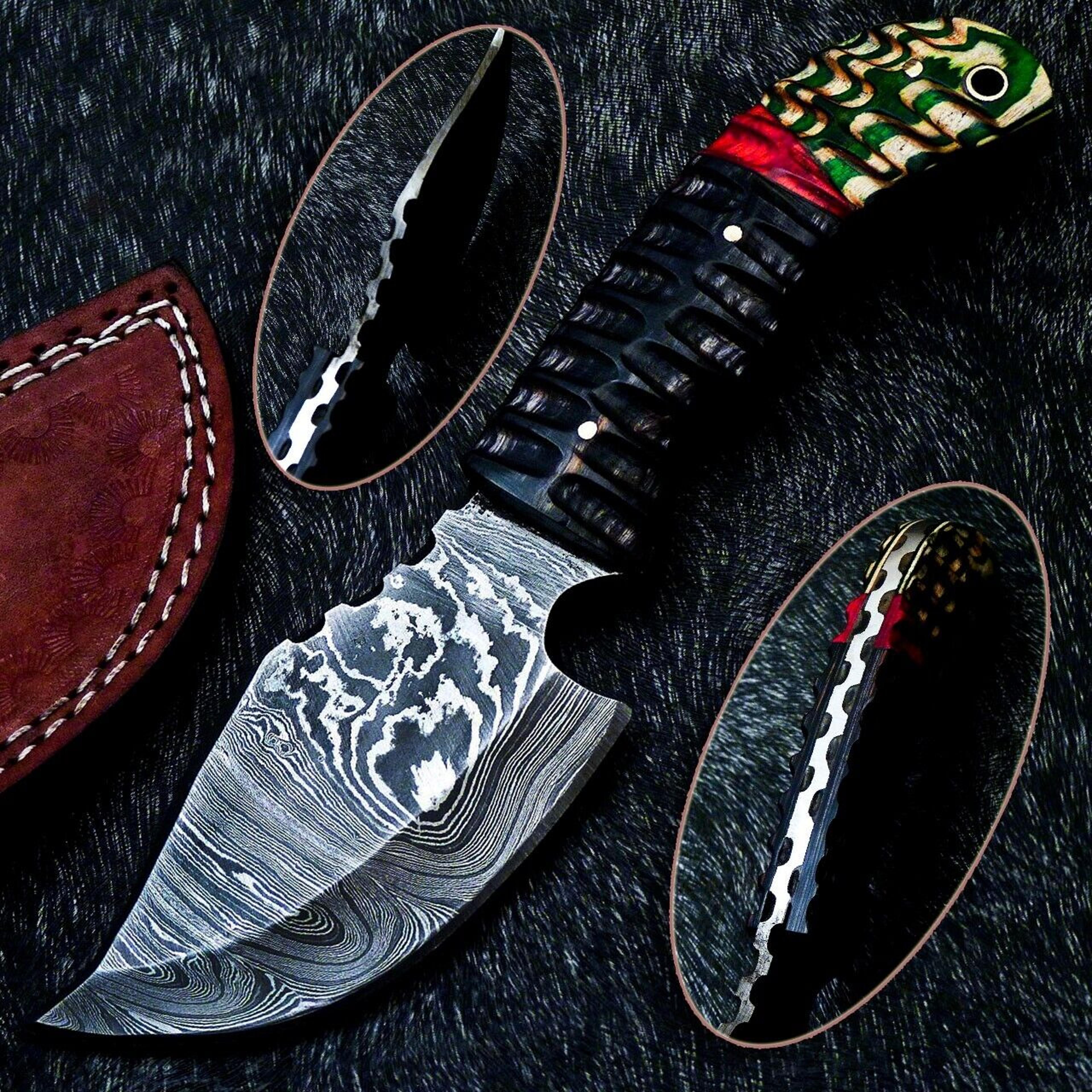 skinning damascus full tang bowie hunting knife blade with leather sheath