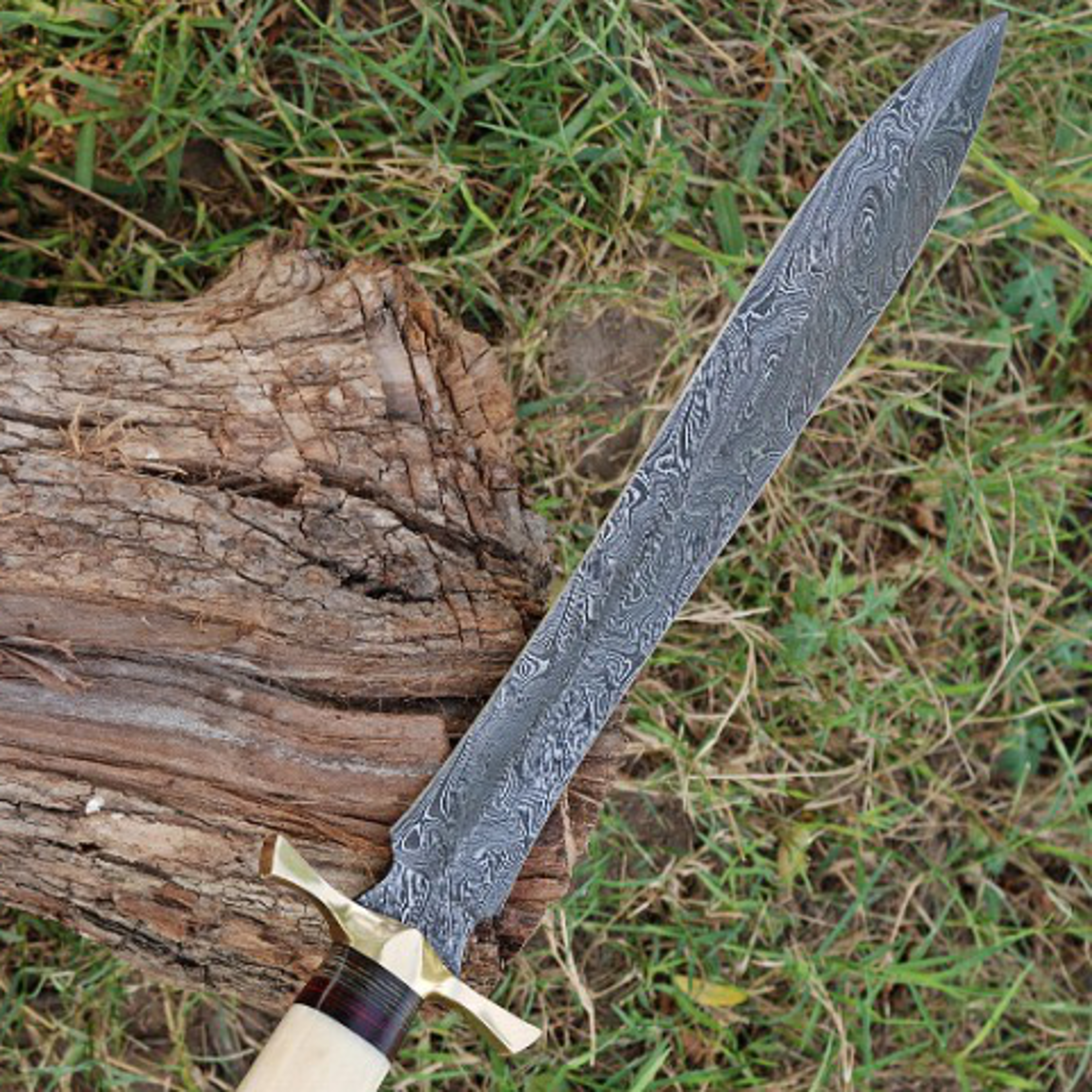 dagger double edge hand forged sword with camel bone and brass guard handle