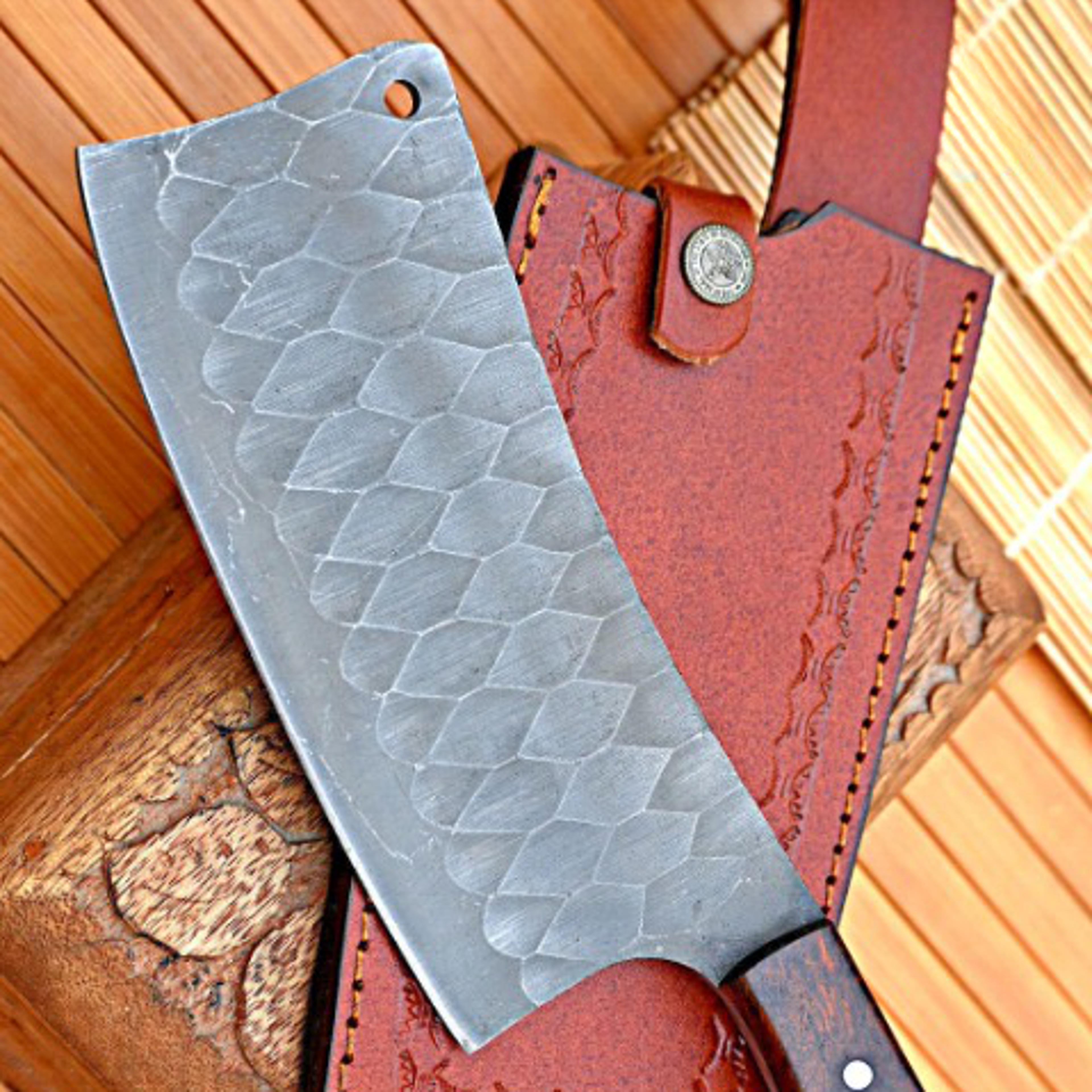 high carbon steel engraved blade cleaver meat chopper wood handle