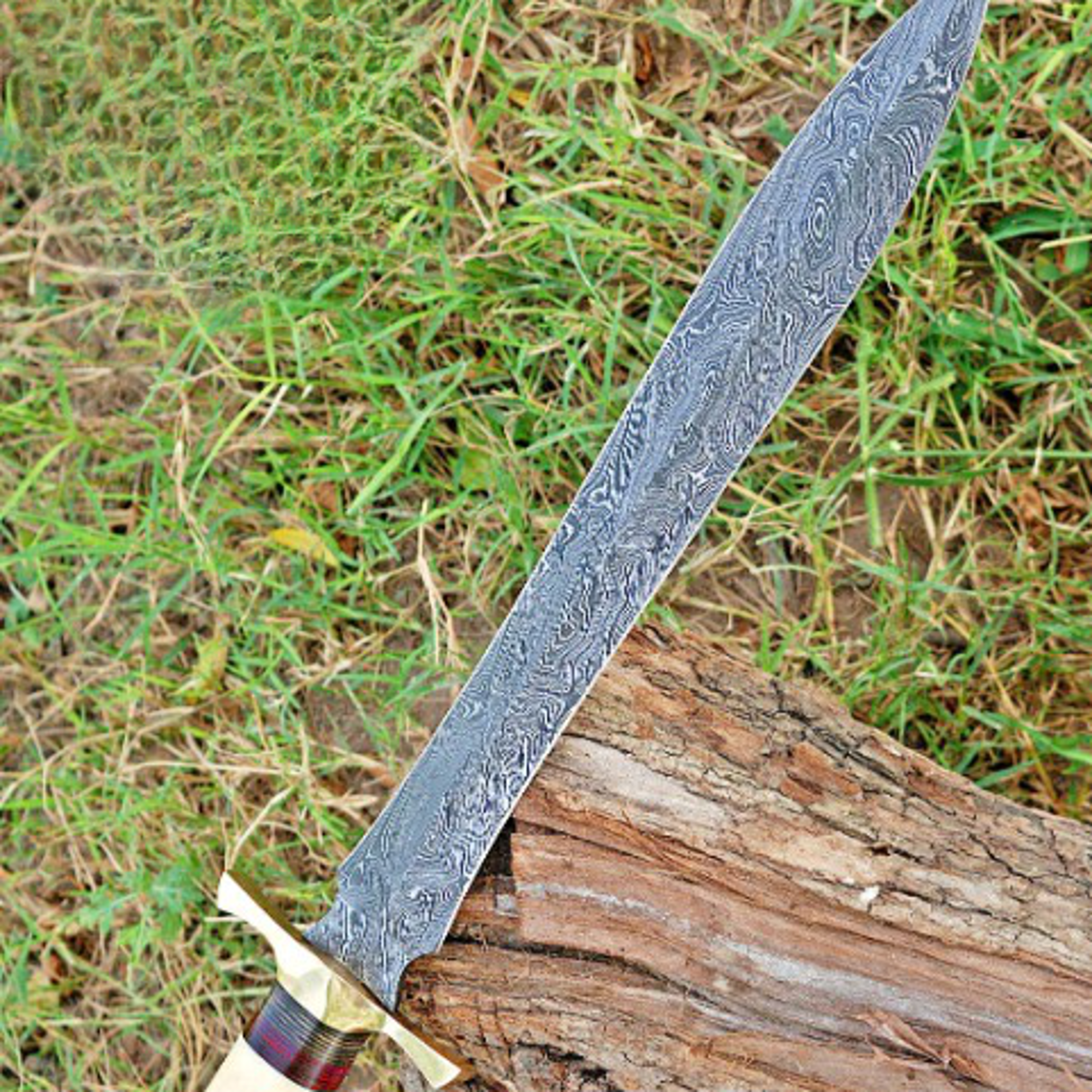 hand forged damascus steel double edge blade sword camel bone and brass guard handle