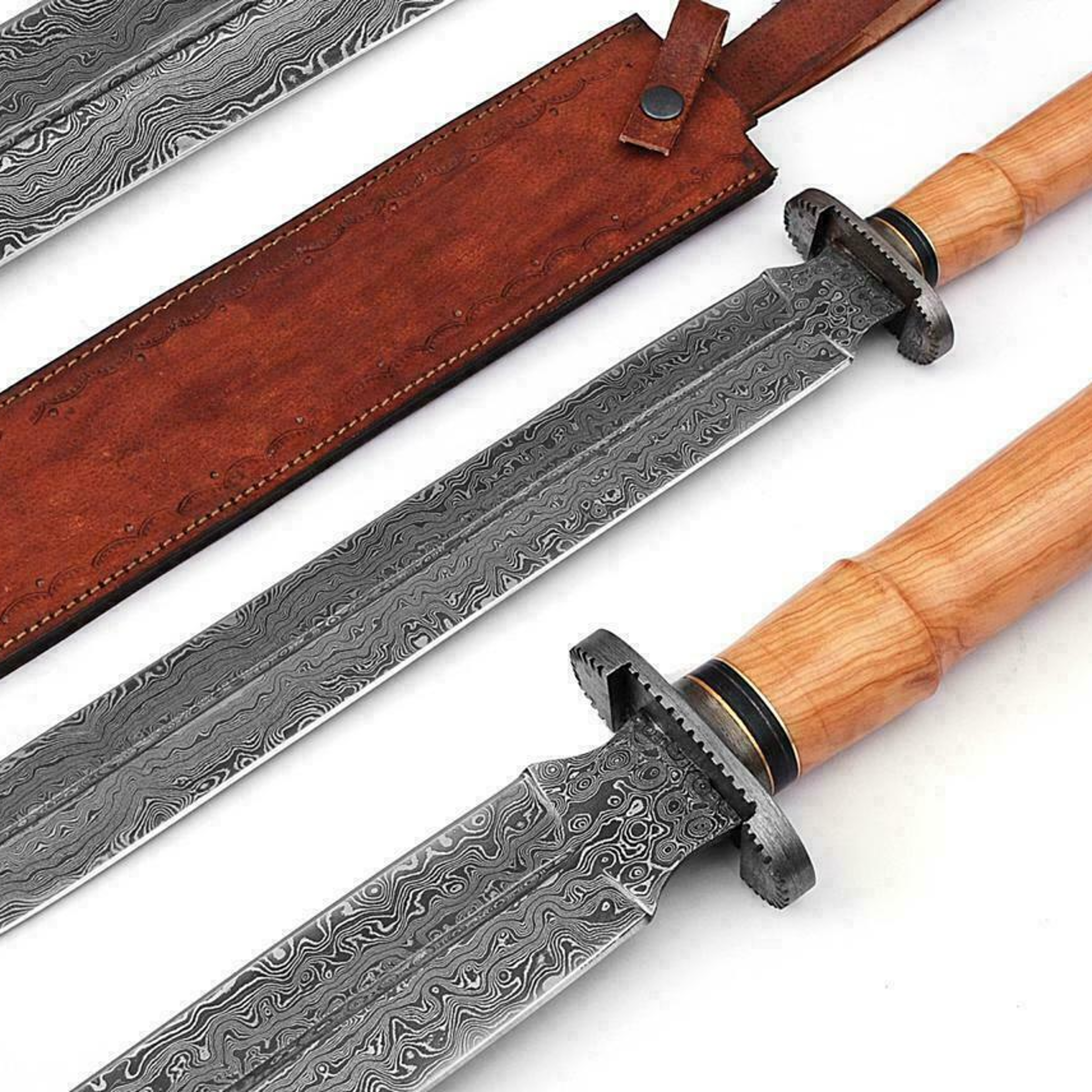 24-inch viking sword, damascus steel blade, needle point, olive wood handle, leather sheath – durable,
