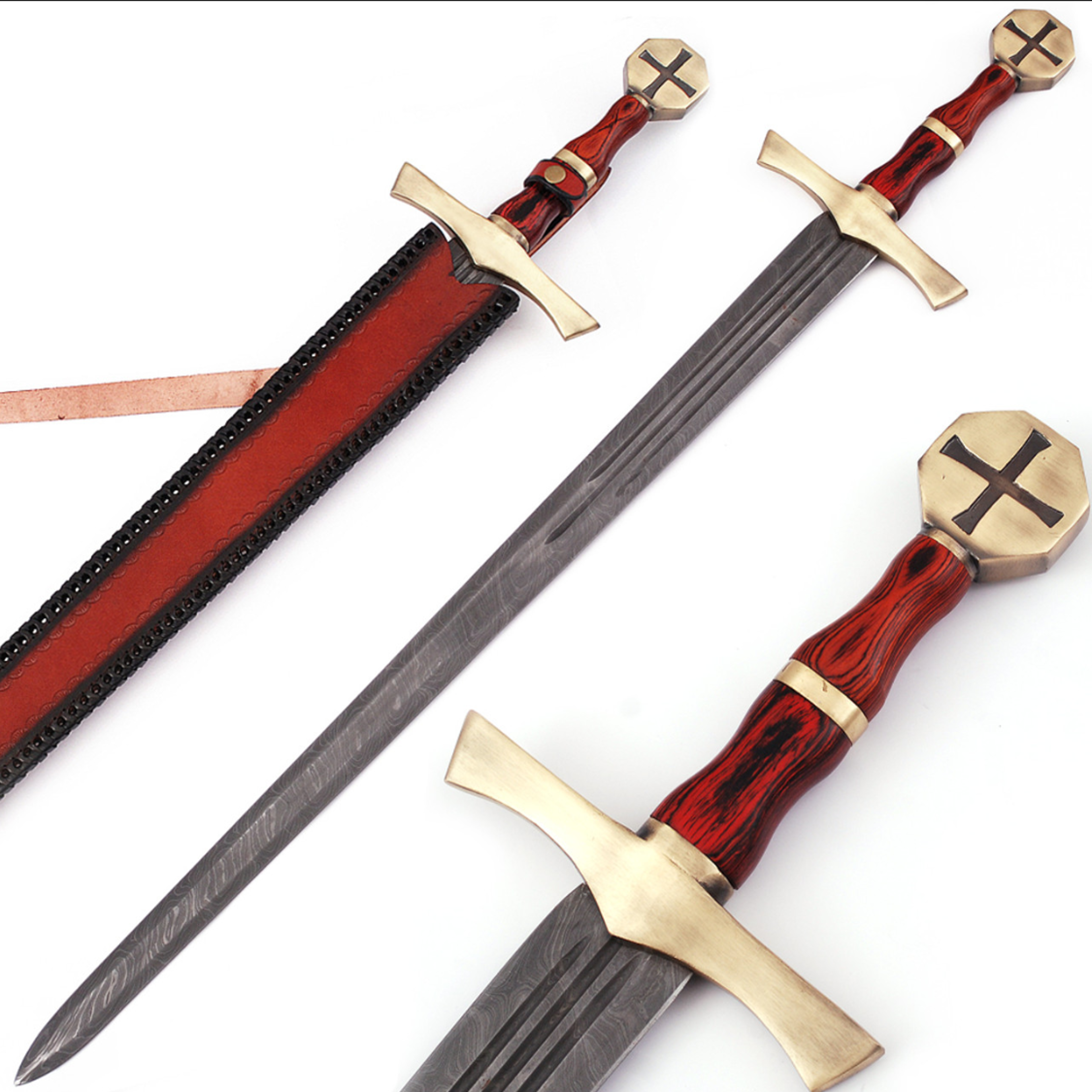 holy knights damascus steel templar knight sword 40 inches with leather
