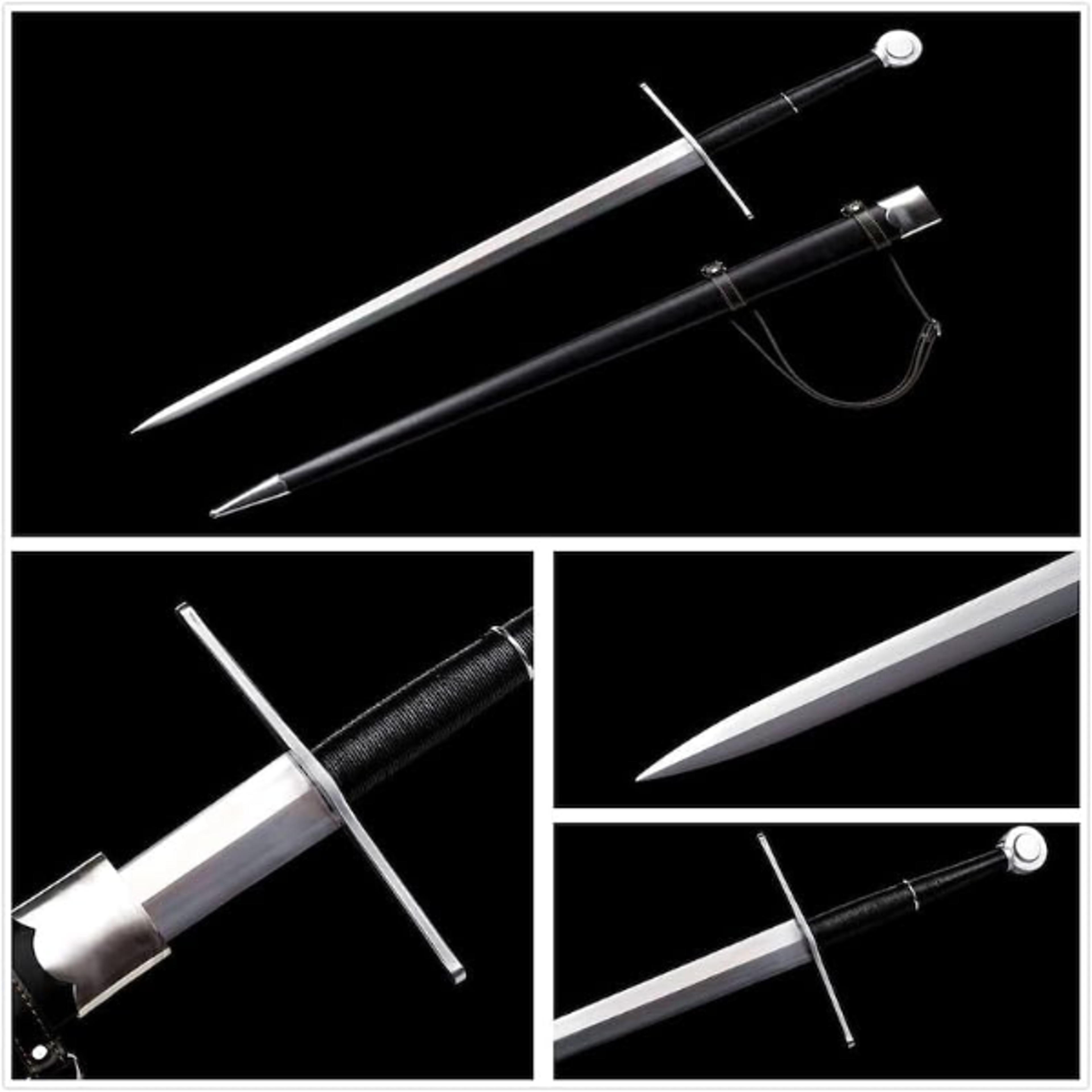 handcrafted medieval arming sword with straight double-edged blade, leather grip & matching scabbard