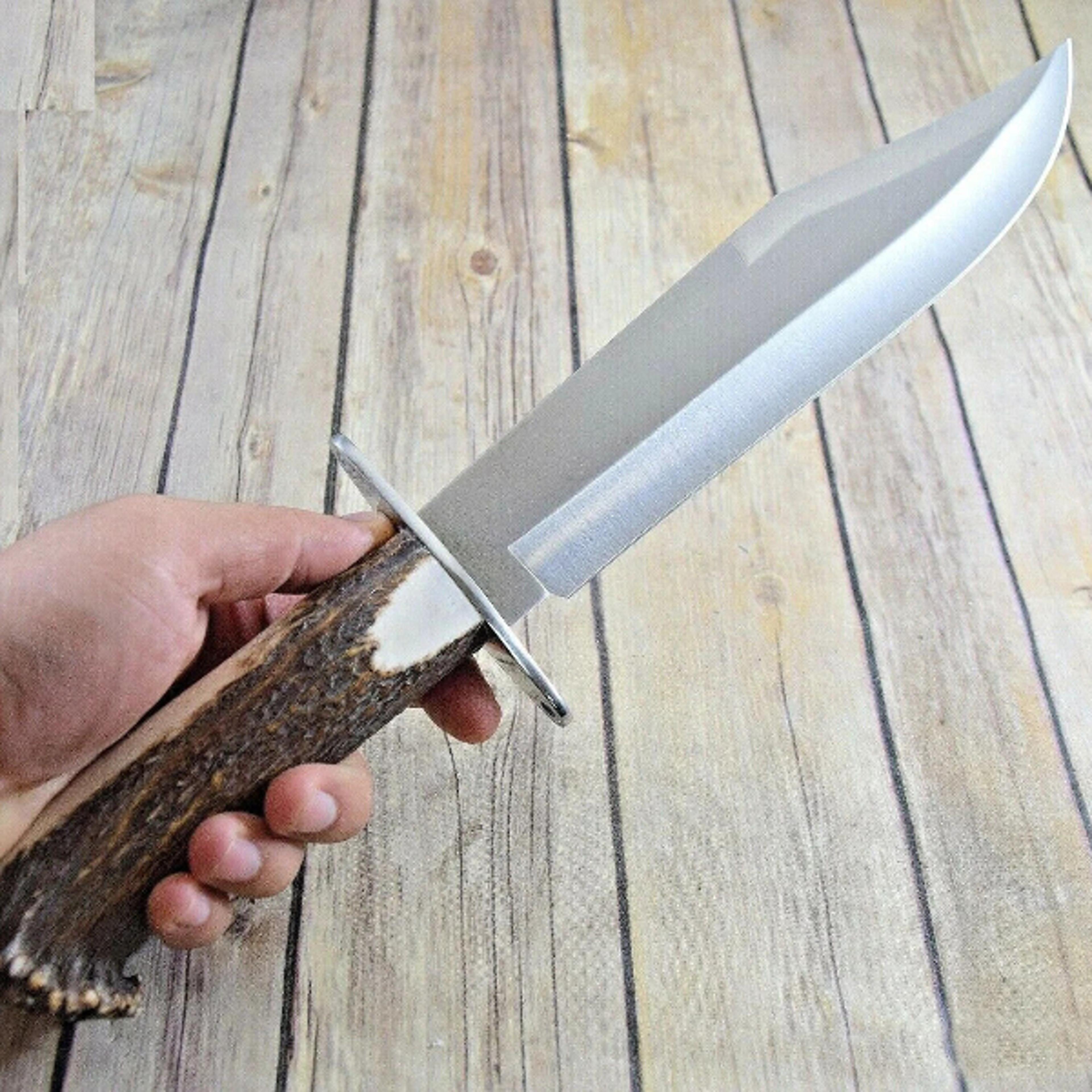 custom handmade d2 steel bowie hunting knife, stag horn handle with sheath