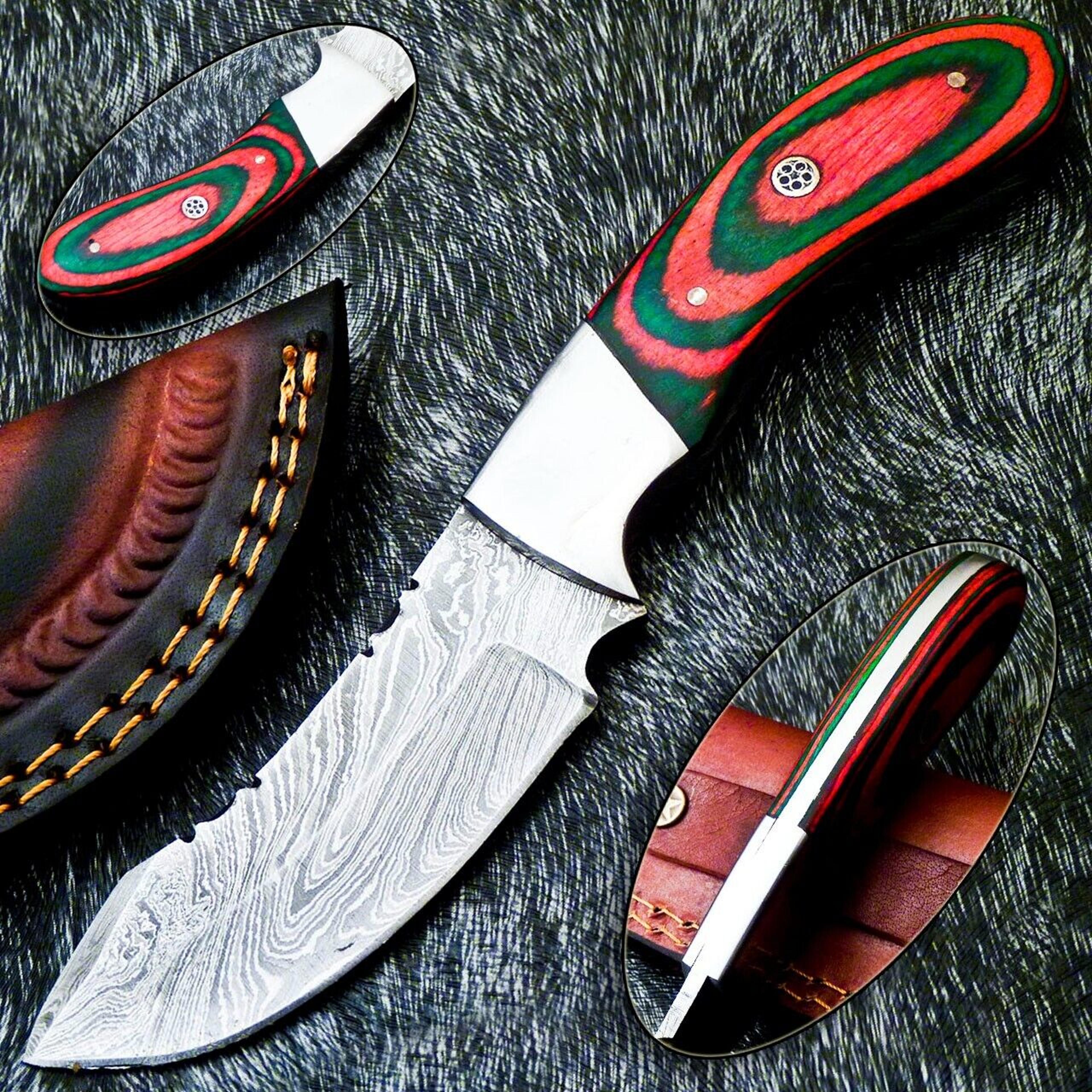 custom handmade damascus steel blade, camping hunting knife, skinning knife