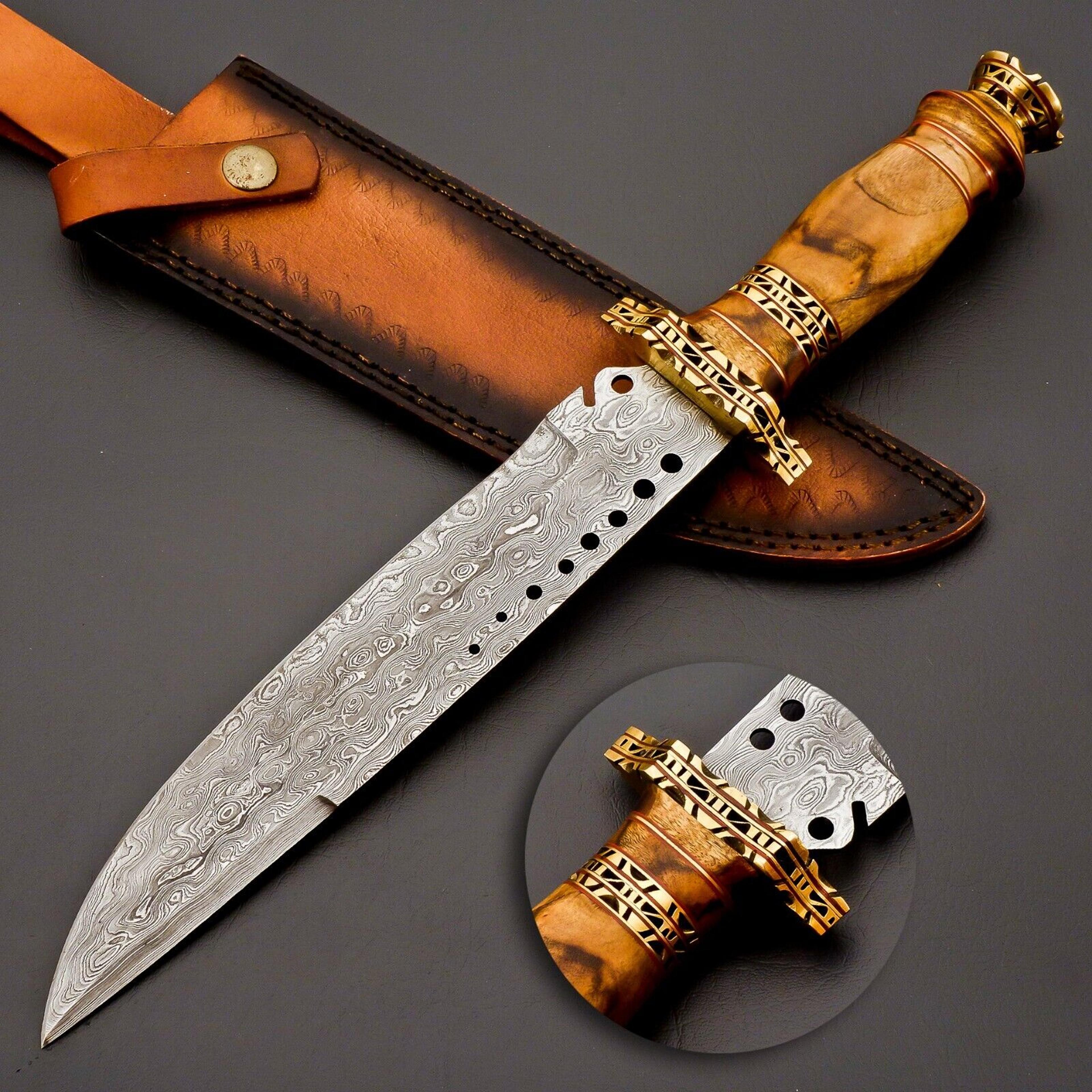 custom handmade damascus steel dagger/bowie knife - rose wood handle with sheath