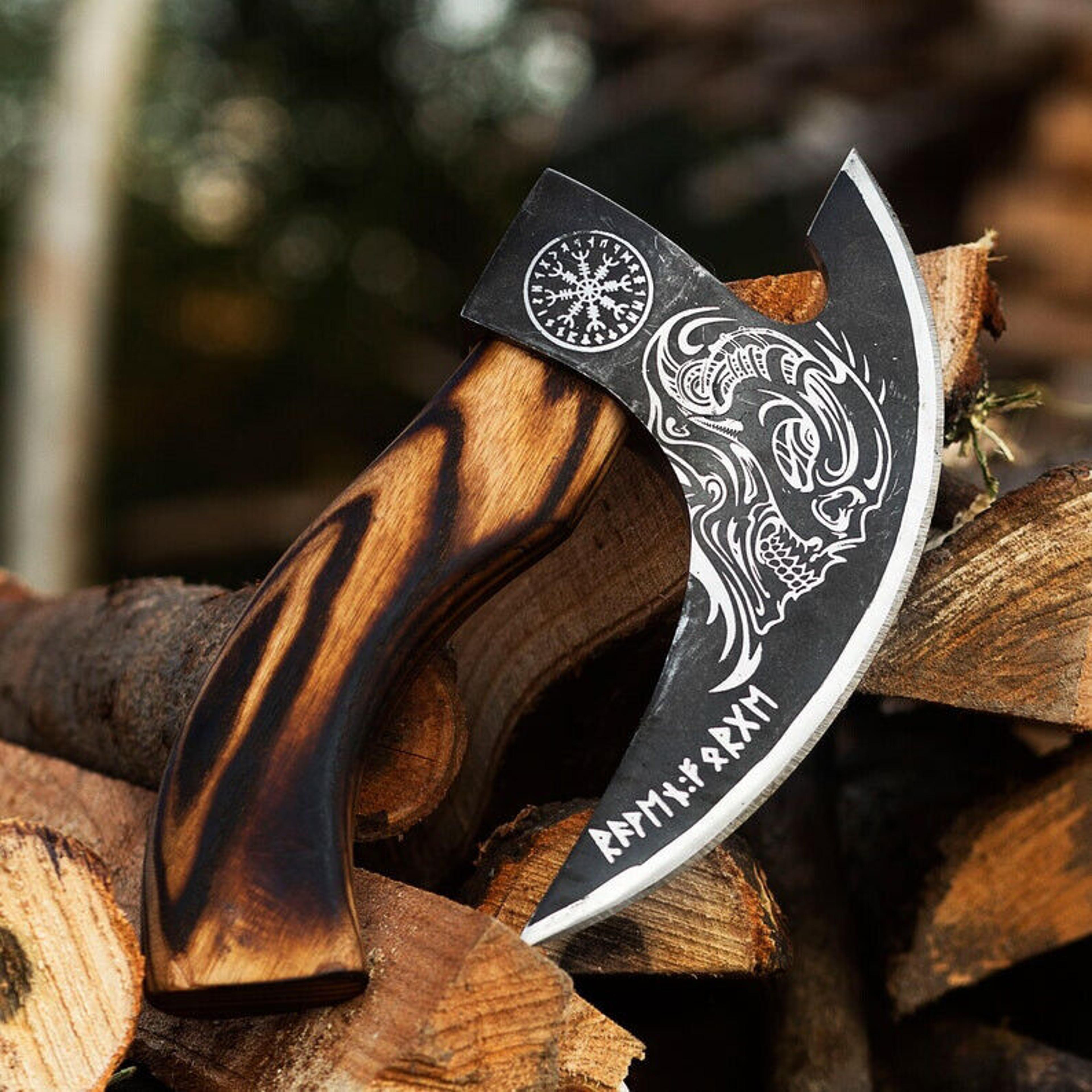 handmade pizza axe, pizza slicer hand forged viking pizza cutter, viking bearded with sheath