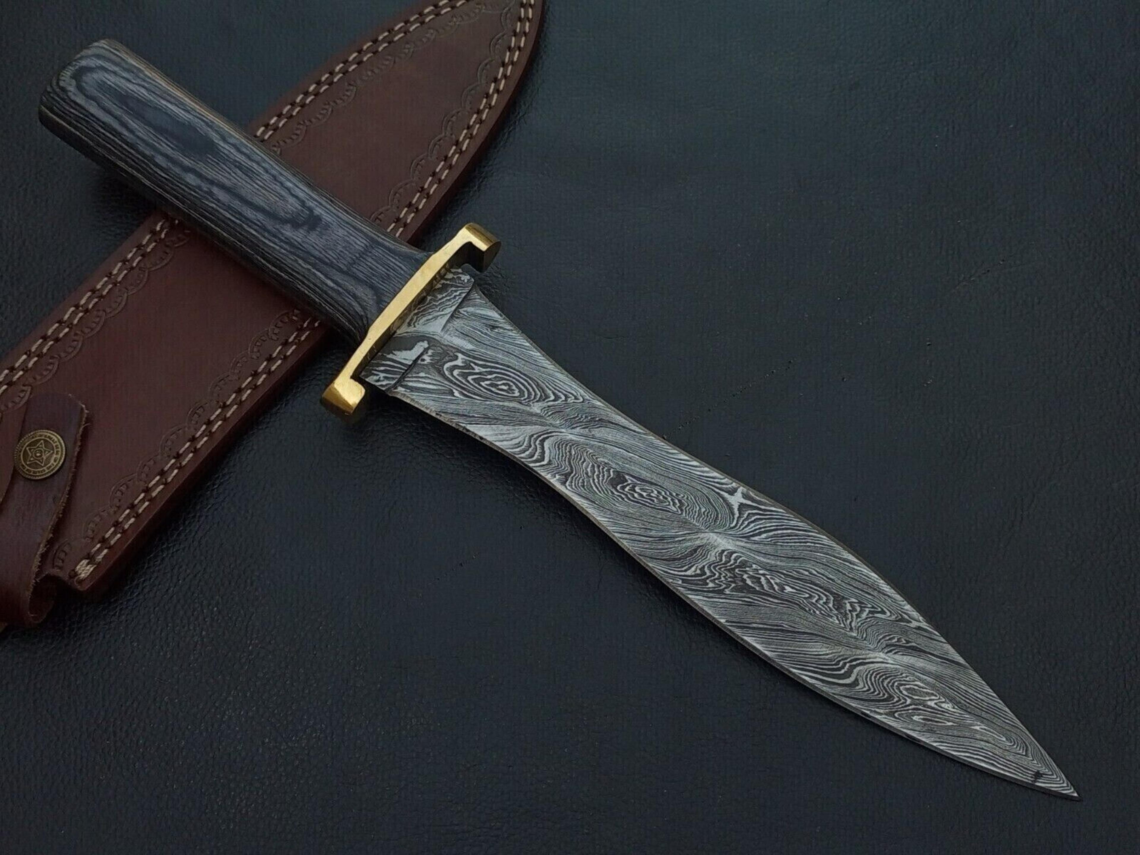 custom handmade dagger hunting knife damascus steel/black wood handle w/sheath