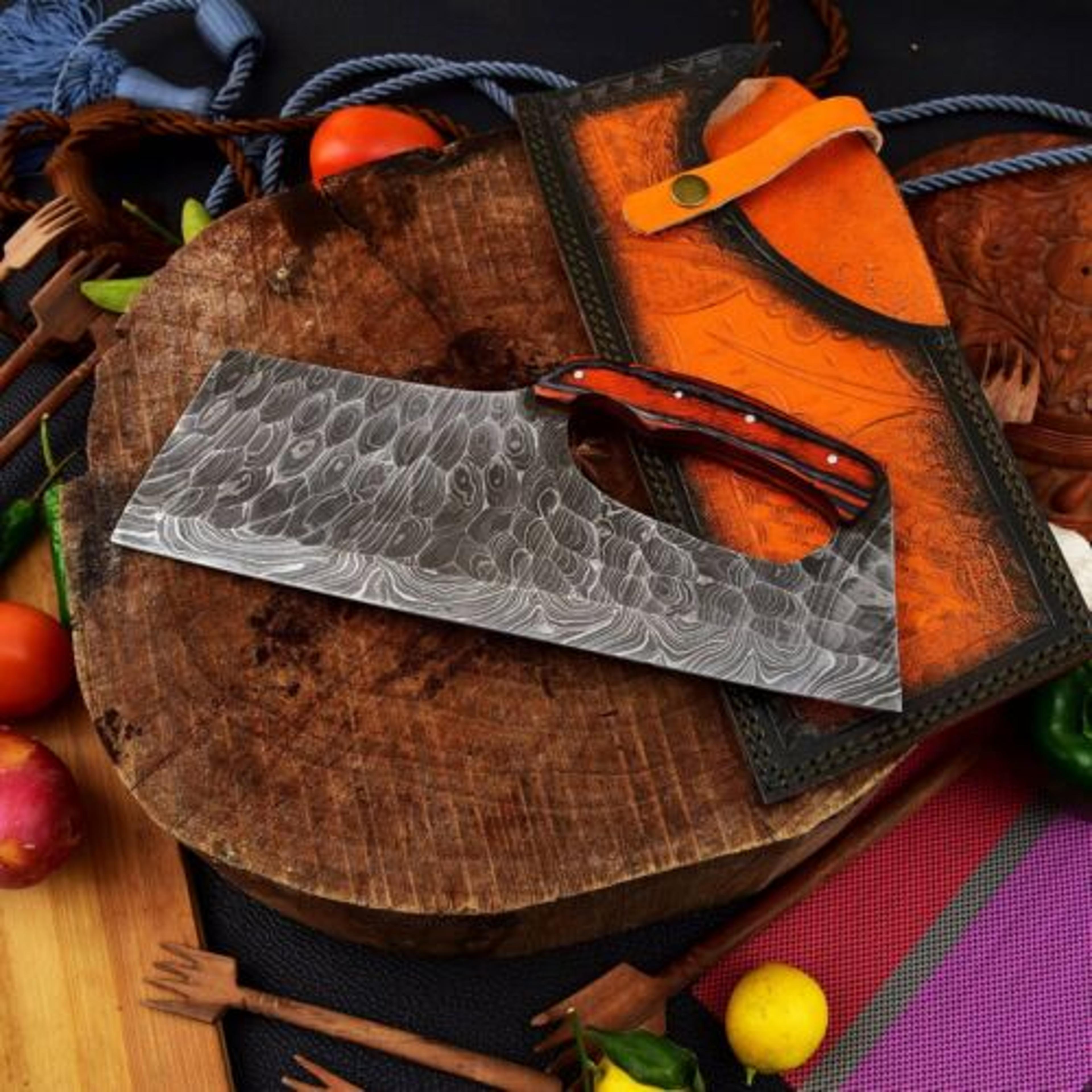 custom handmade damascus steel chef cleaver with wood handle & leather sheath