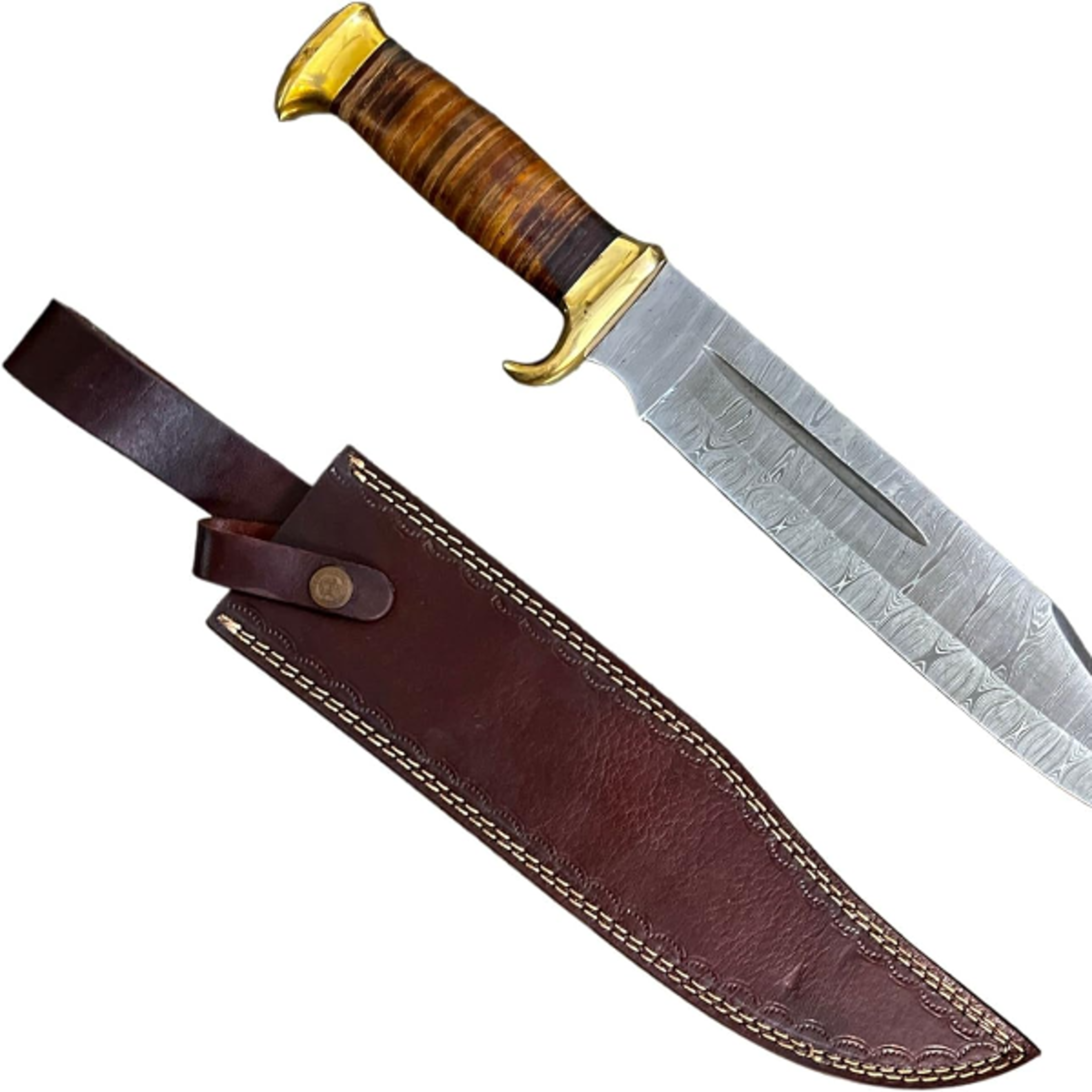 15" handmade damascus steel hunting knife, leather sheath, survival & camping
