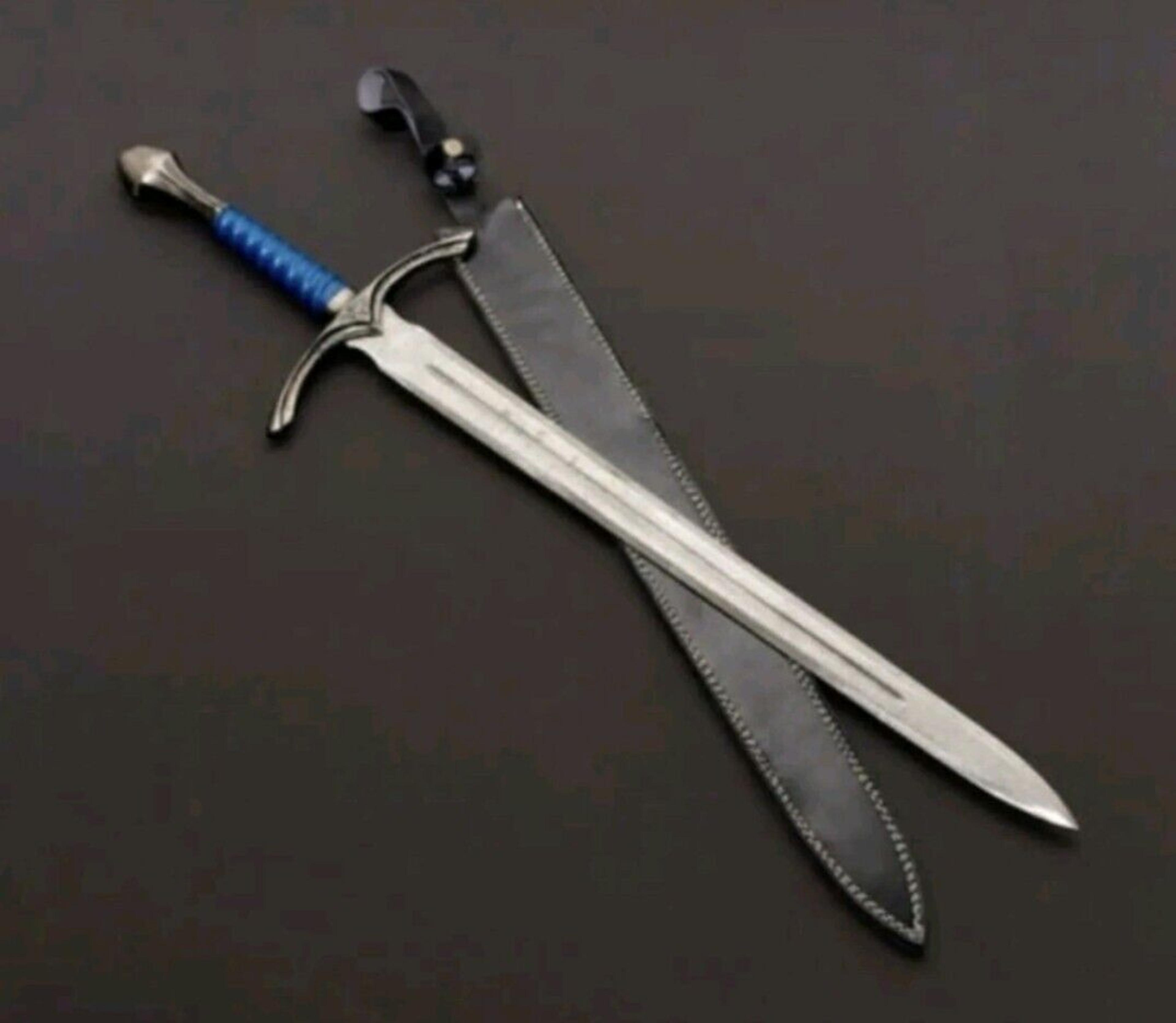 34" custom handmade damascus steel sword with leather wrap handle & sheath