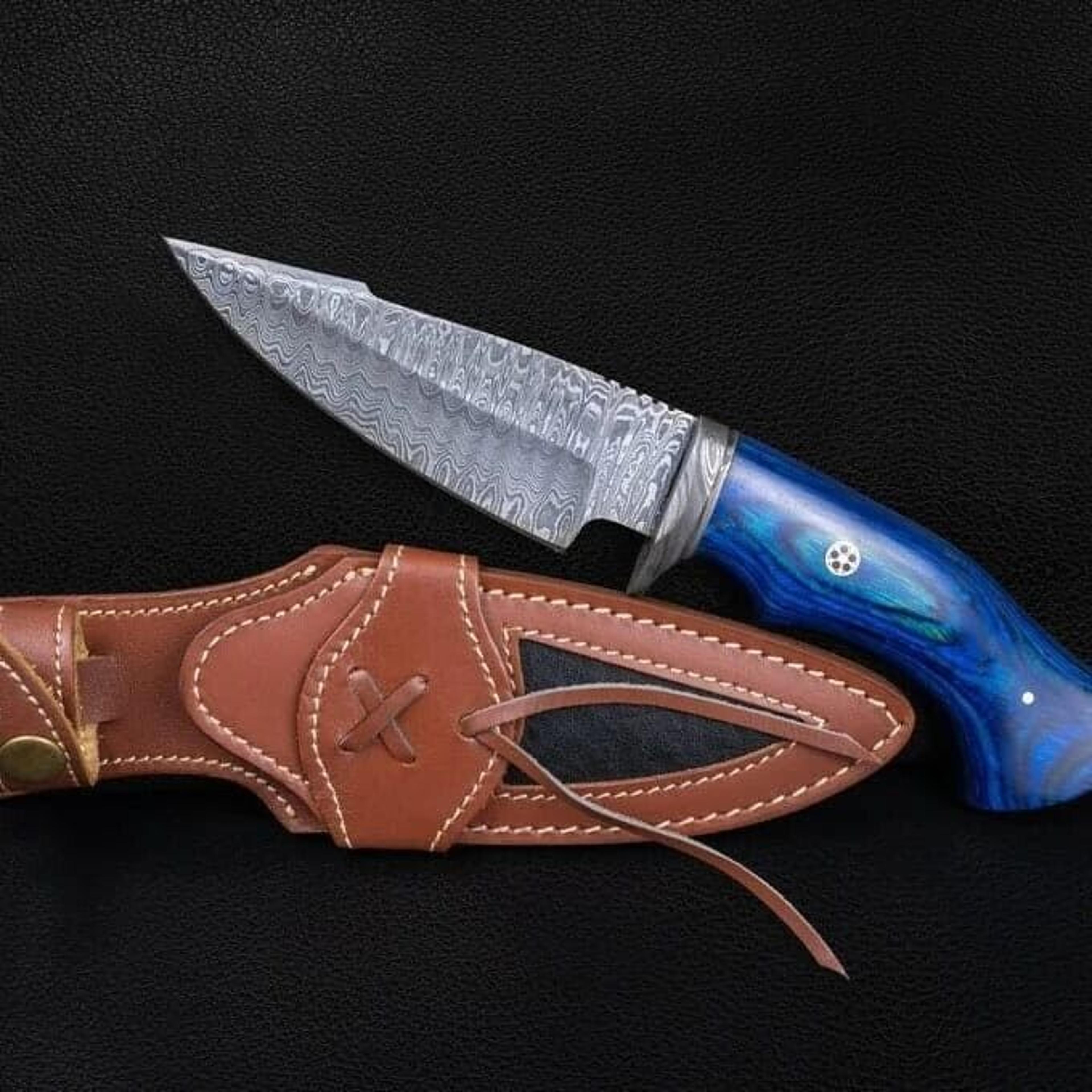 lot of 3blue handle handmade damascus steel hunting knives & free leather sheath