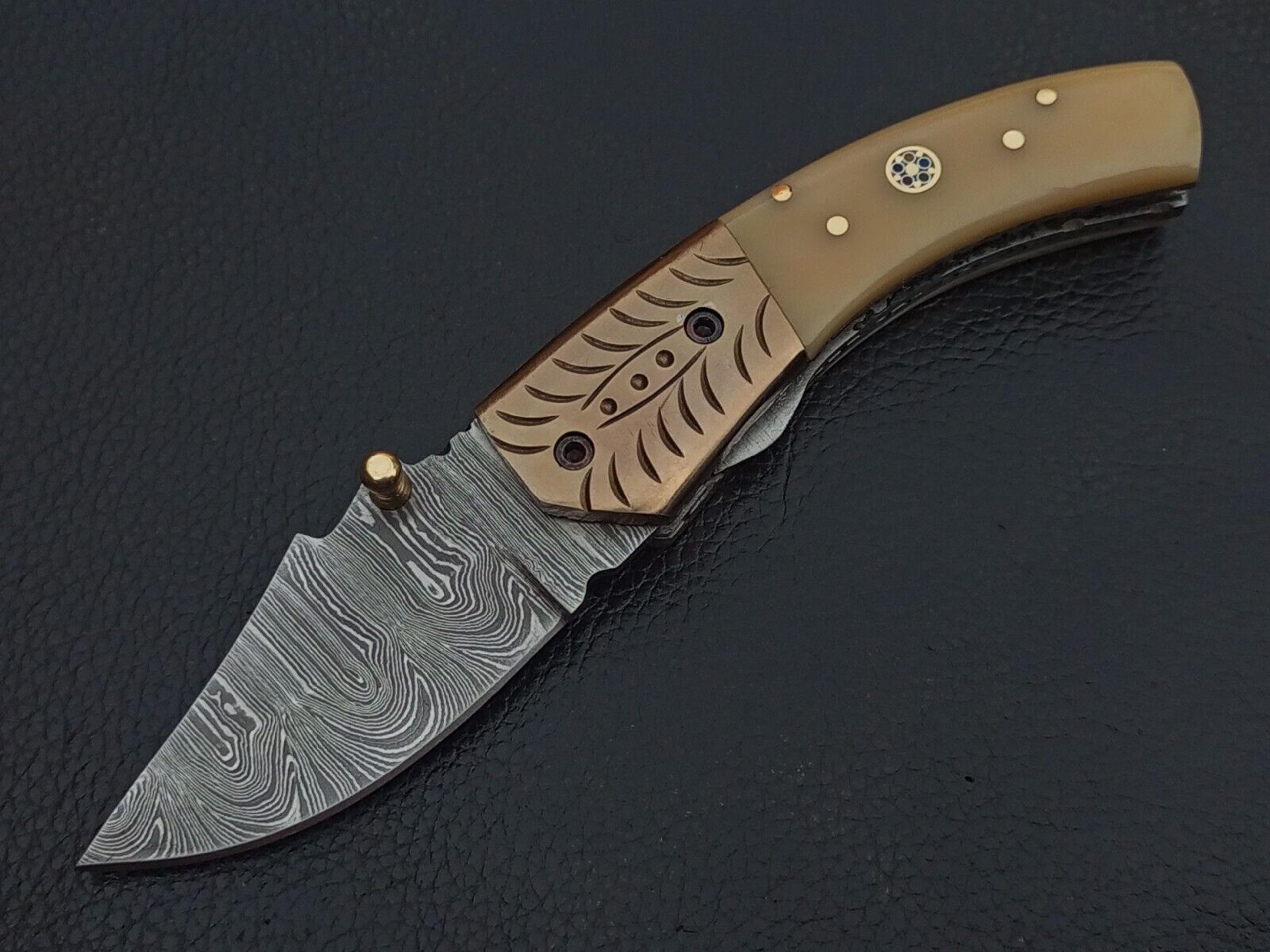 damascus steel custom made pocket folding knife camel bone handle w/sheath