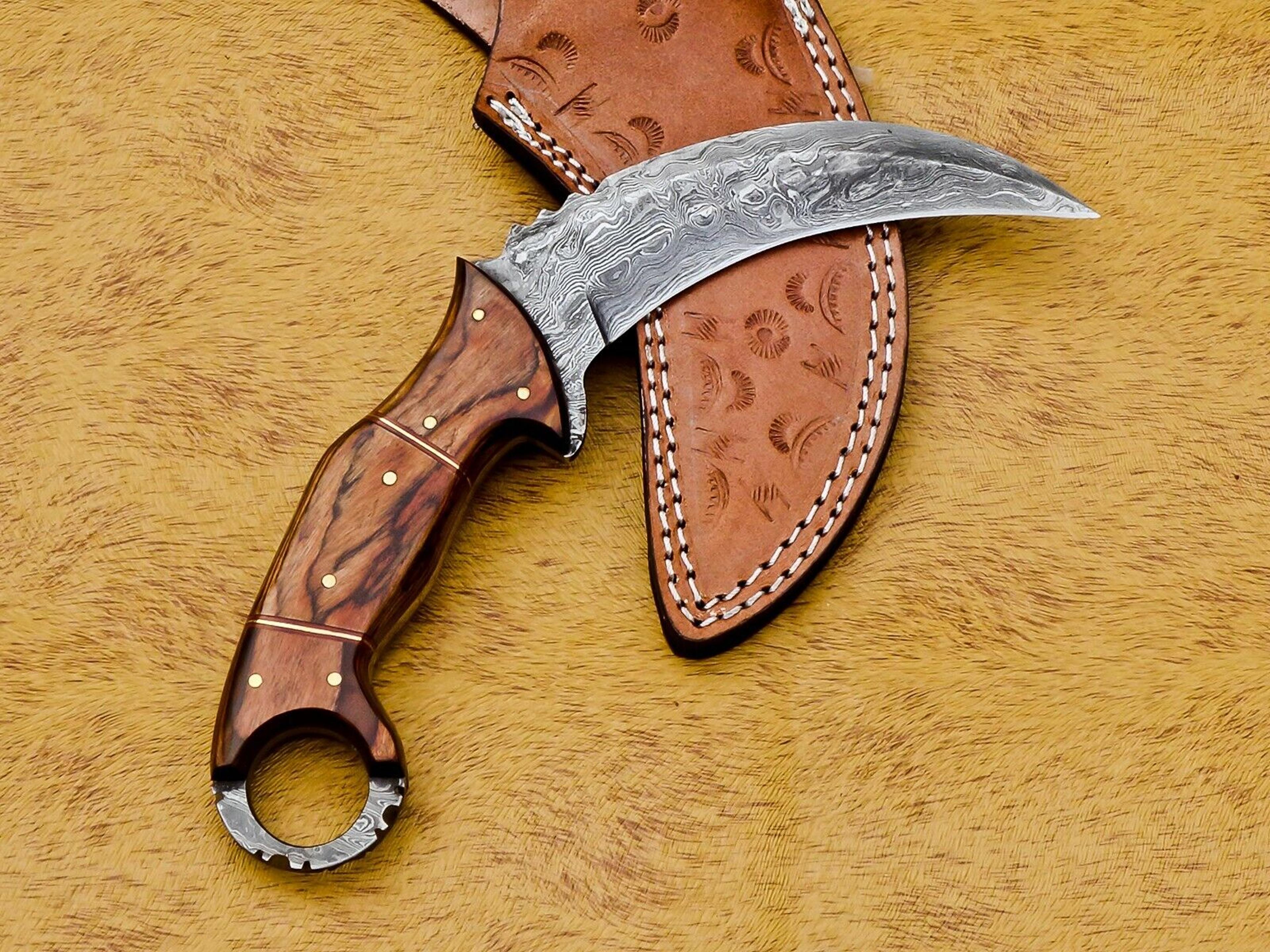 custom damascus steel hunting/bowie/dagger knife handle pakka wood with sheath