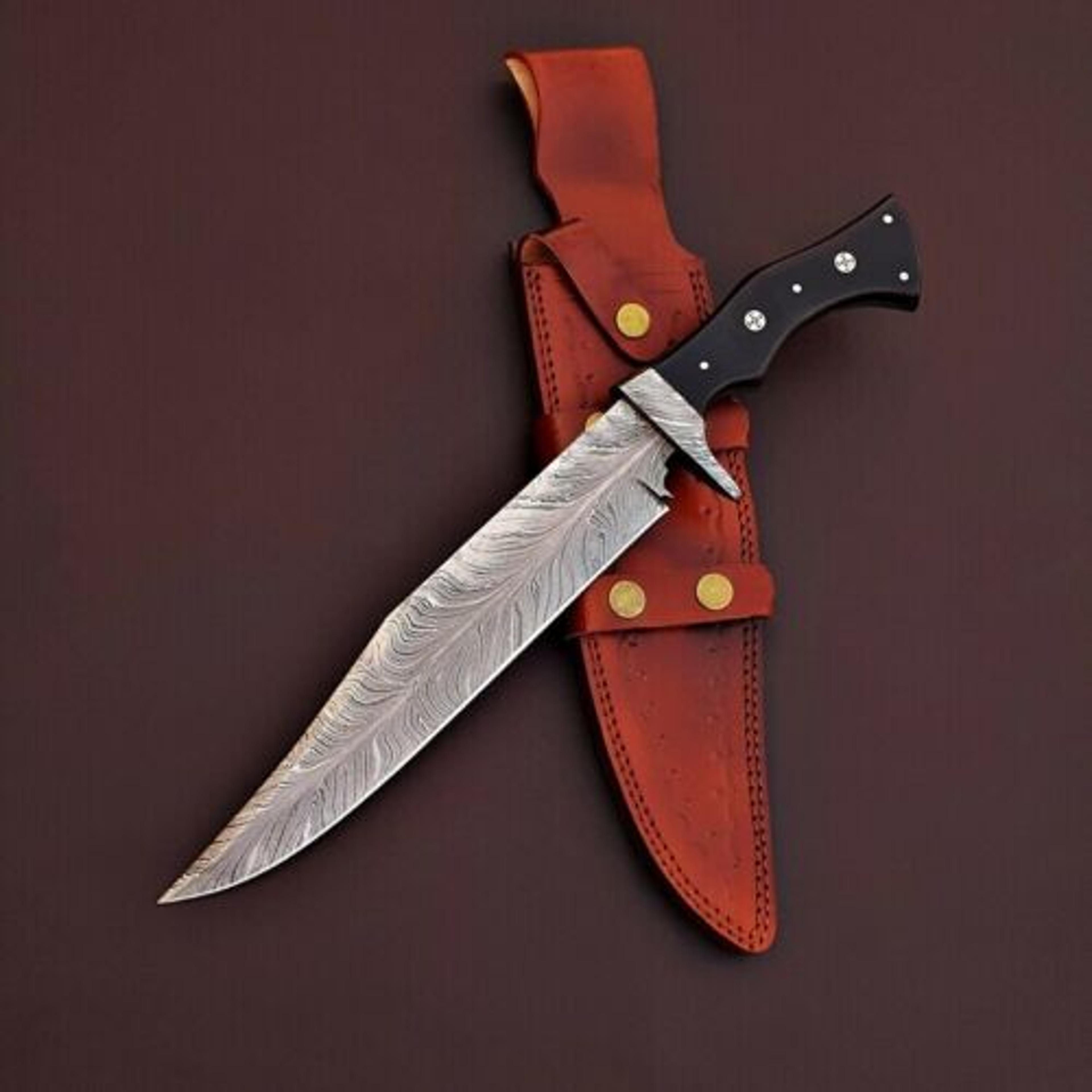 handmade forged damascus steel hunting knife grooming knife with leather sheath,