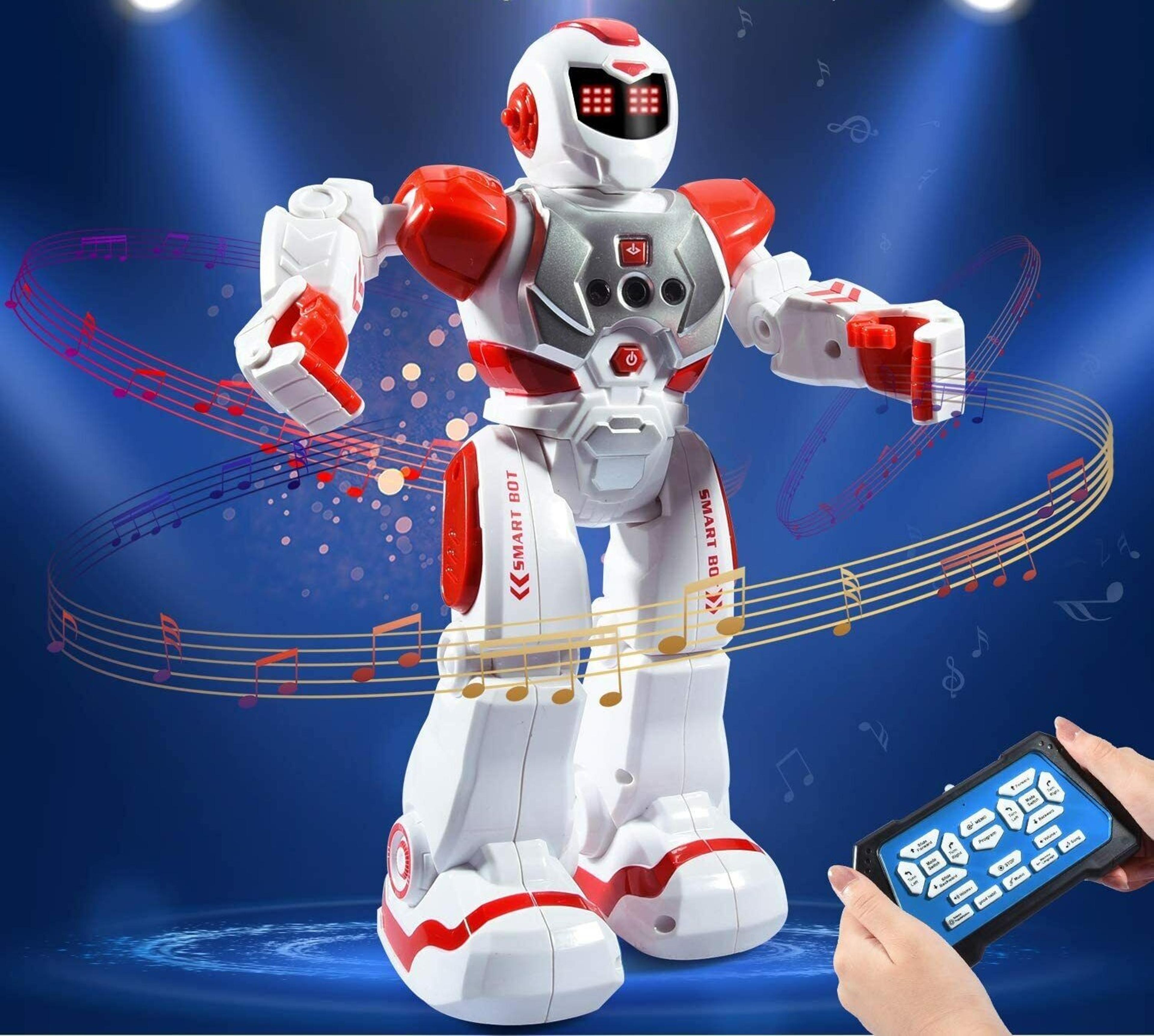 red smart robotic toy for kids, talks and dances