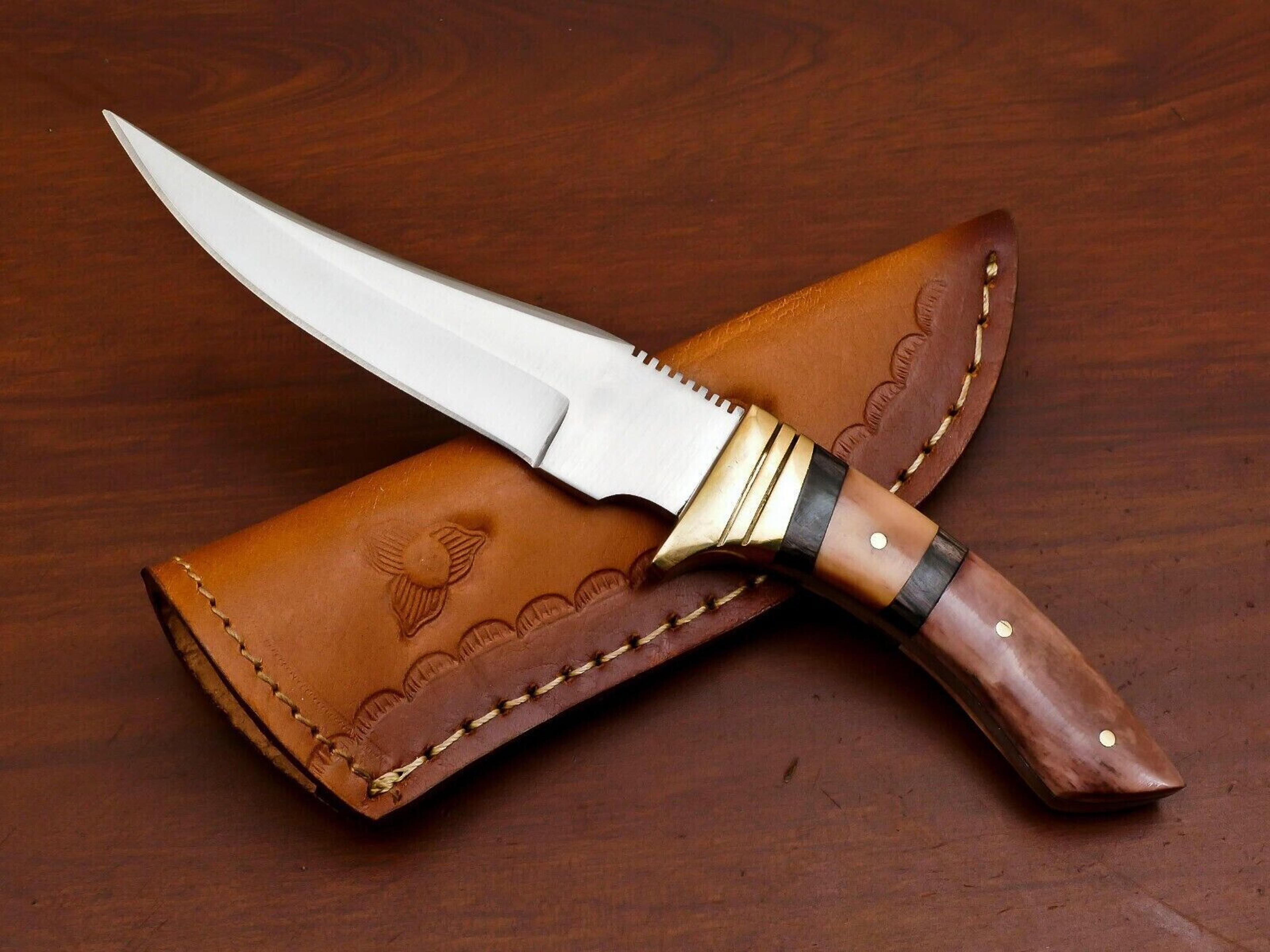 hand made d2 steel fixed blade skinning hunting knife - brass guard