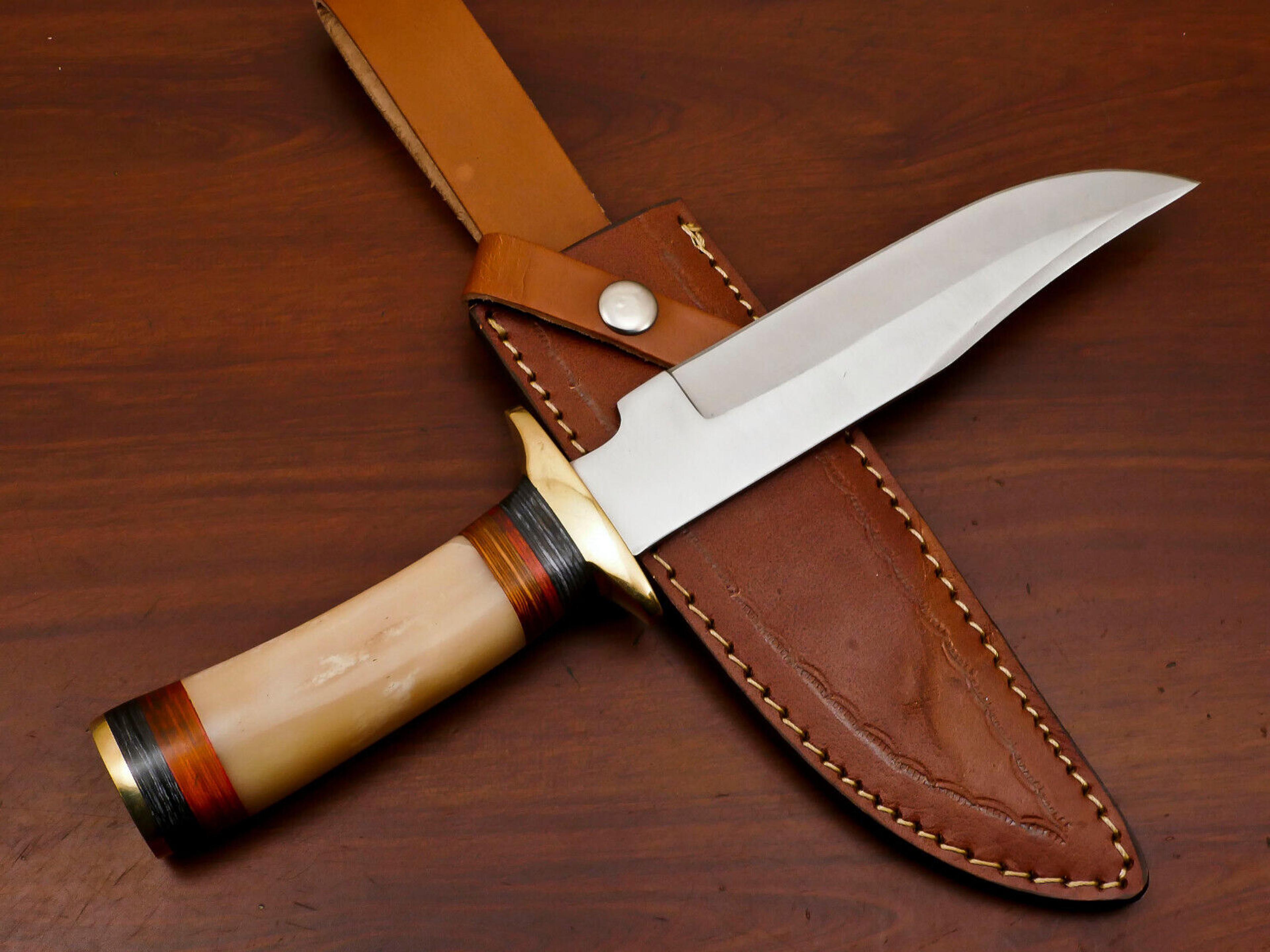 hand made d2 steel blade hunting bowie camping knife- camel bone/wood
