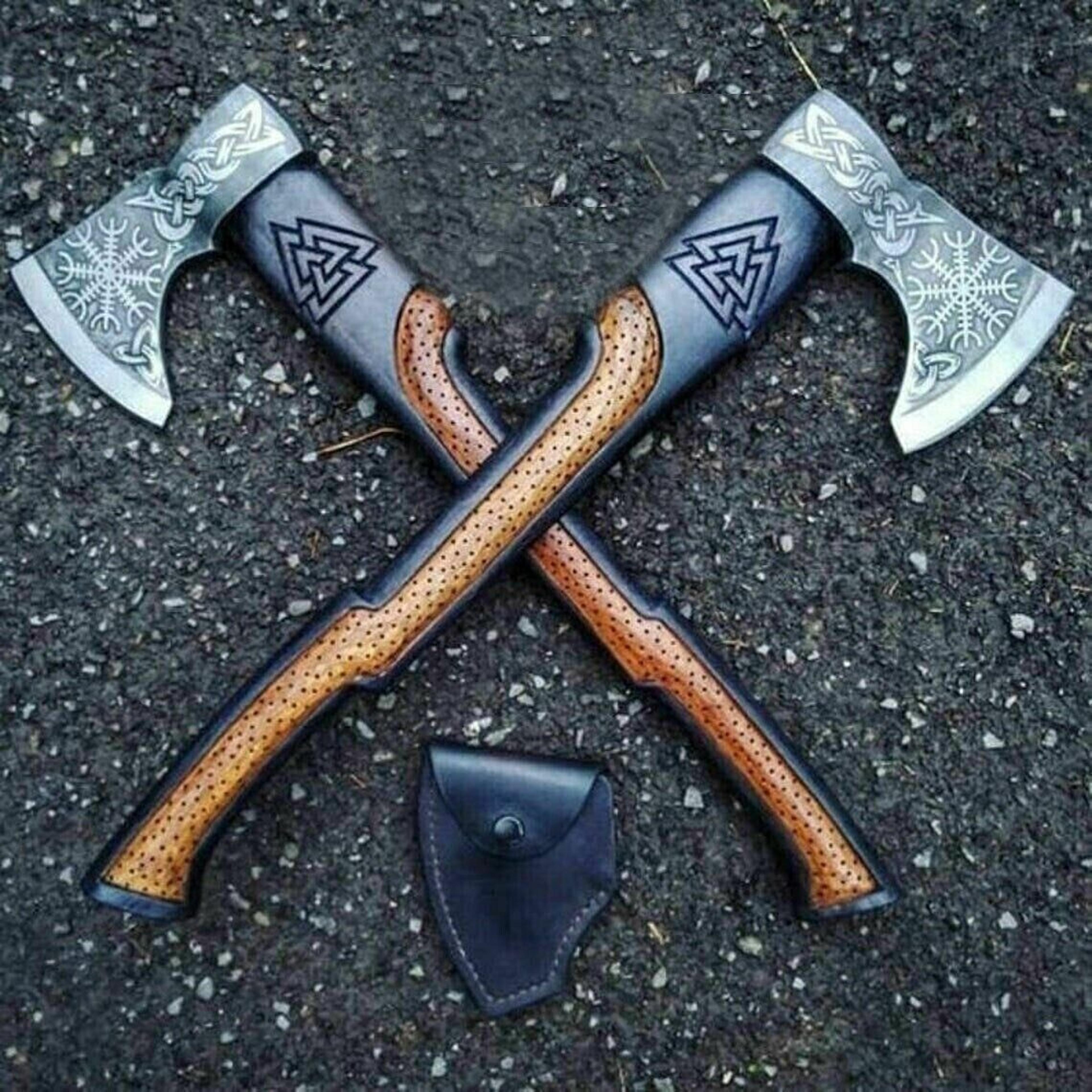 handmade carbon steel viking axe | 18–19 length, colored wood handle with black leather wrapping | fully sharp axe