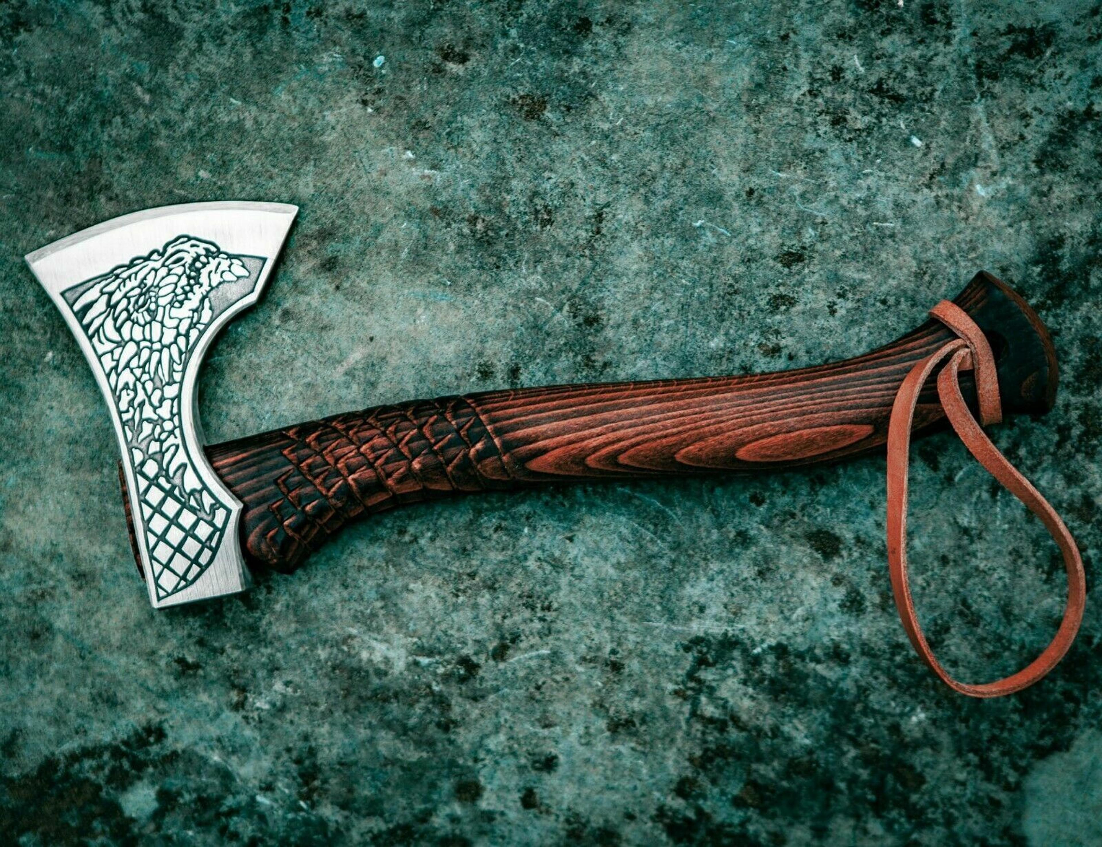viking dragon axe | custom hand-forged engraved carbon steel hatchet with ash wood handle & cowhide leather sheath