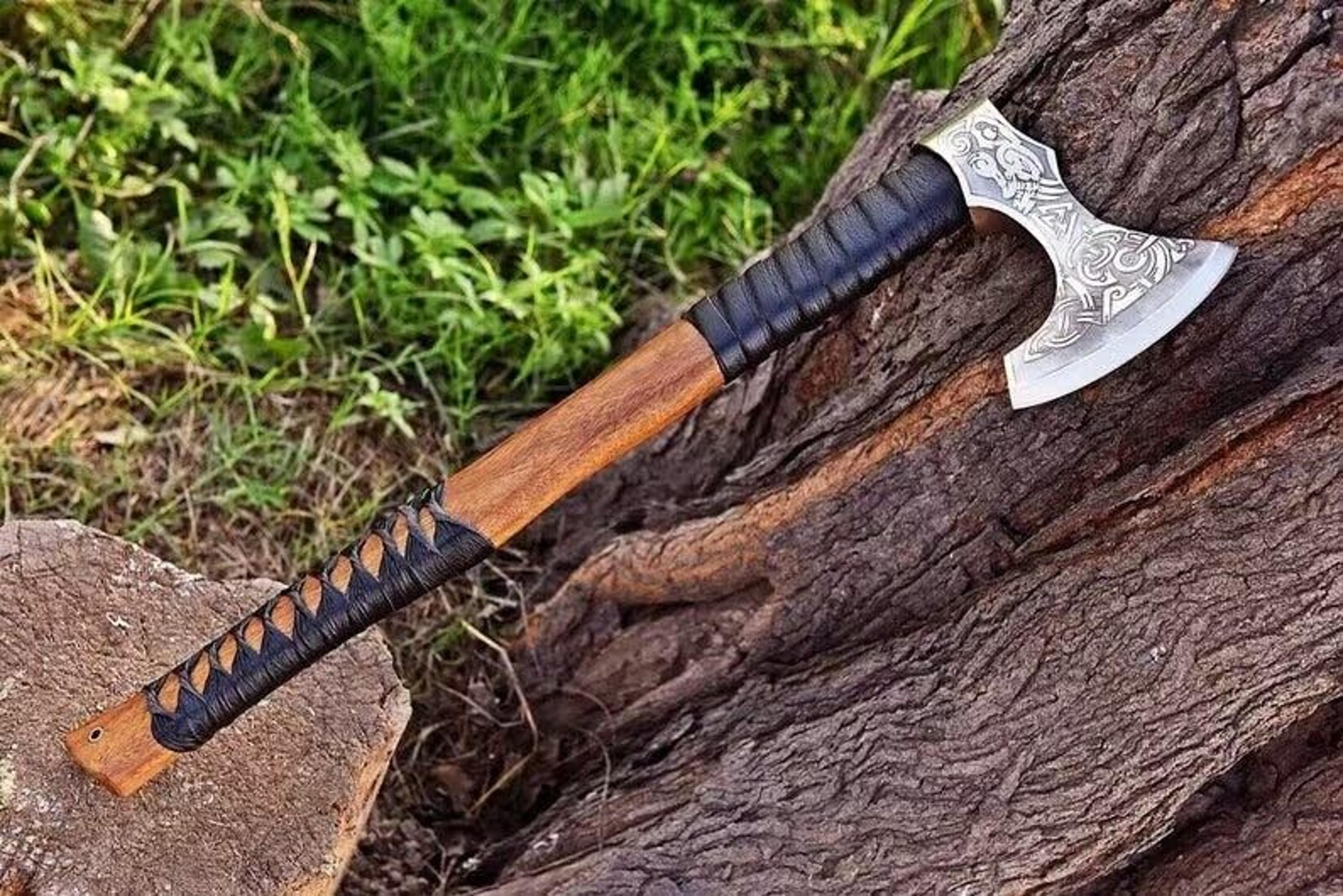 hand-forged viking axe | high carbon steel blade with premium wood handle & free leather sheath | camping, adventure
