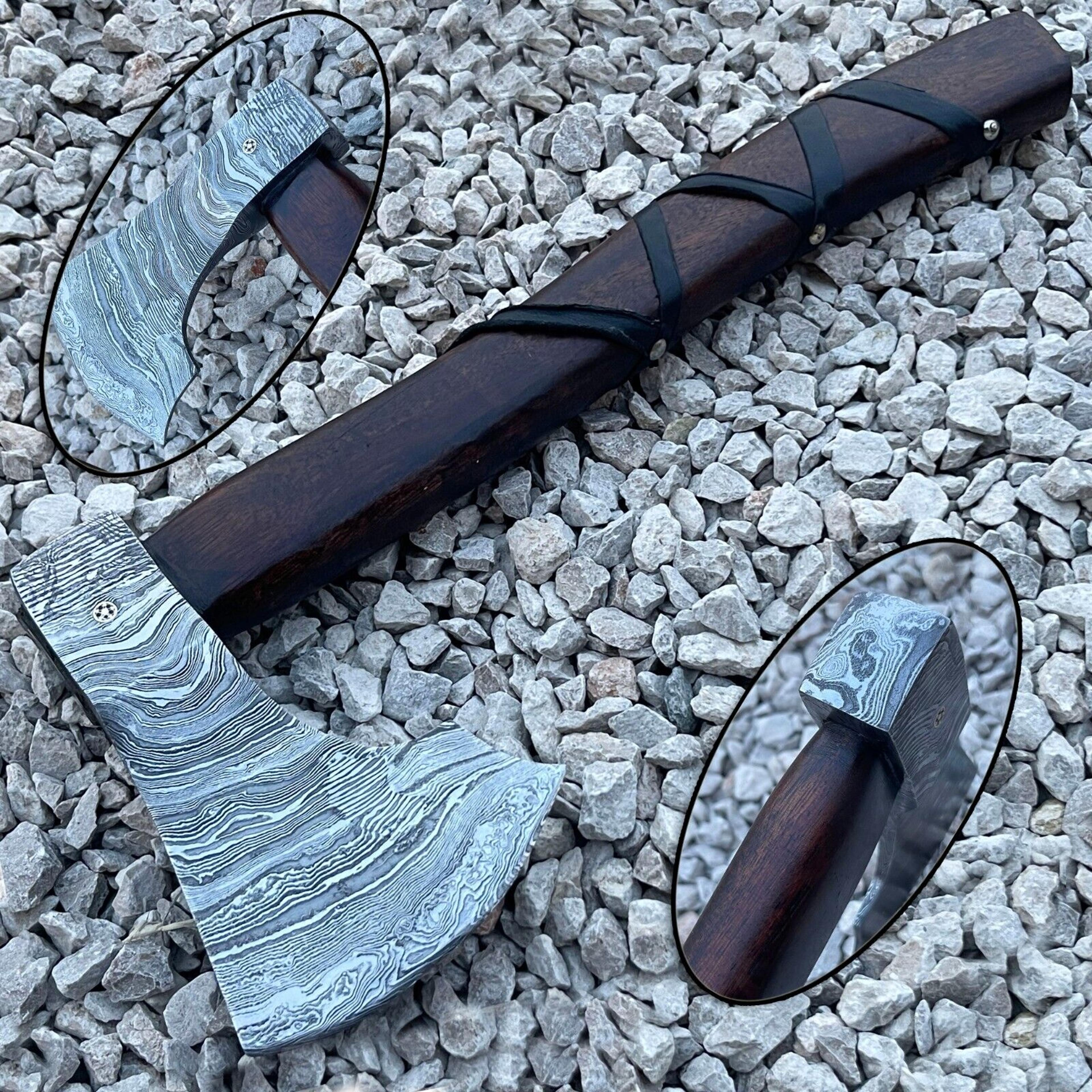 hand-forged damascus steel viking tomahawk axe | 15.5" handmade hatchet with leather wrapped wood handle