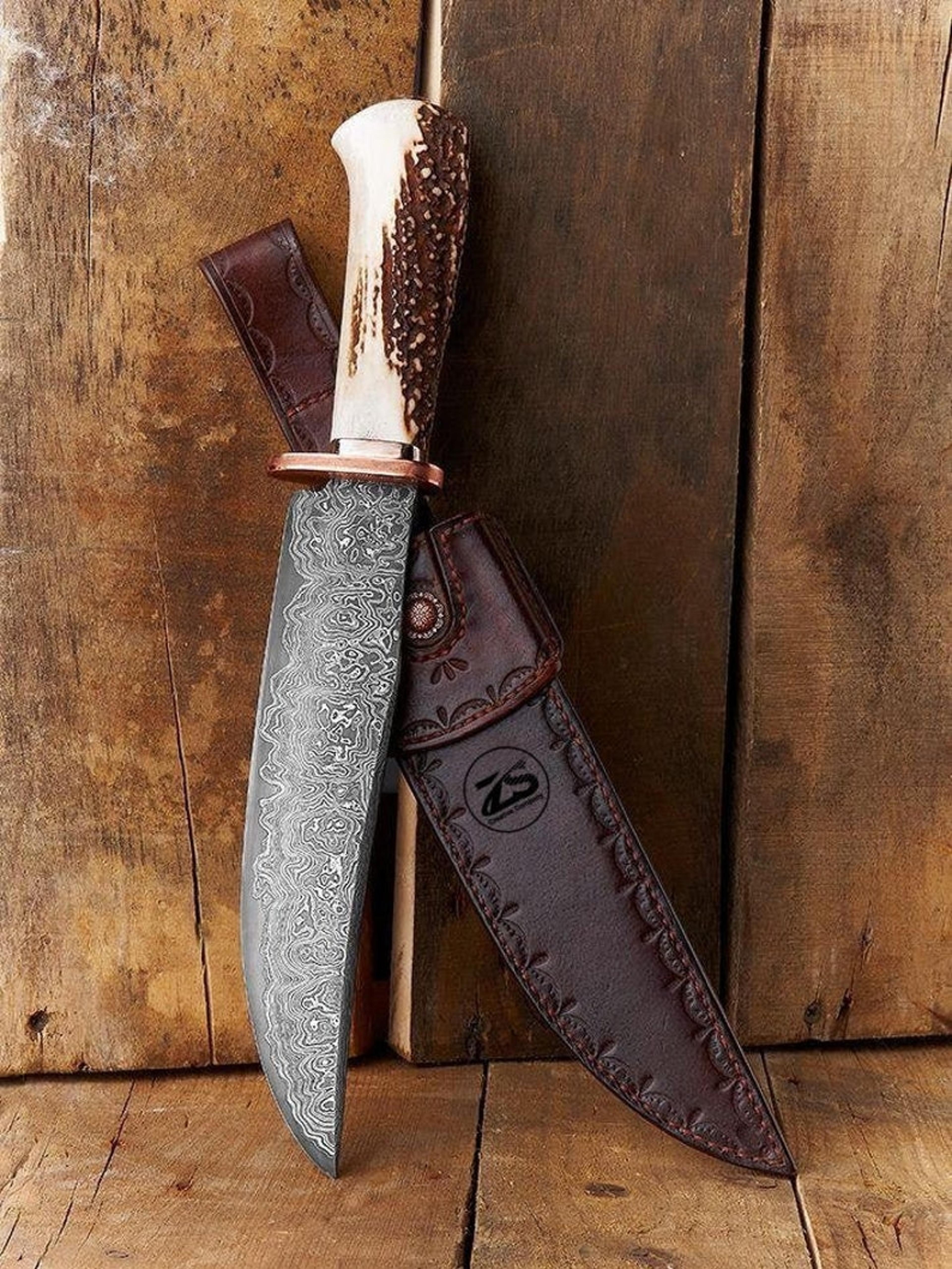 beautiful custom handmade damascus steel bowie hunting knife stag horn handle knife d-16