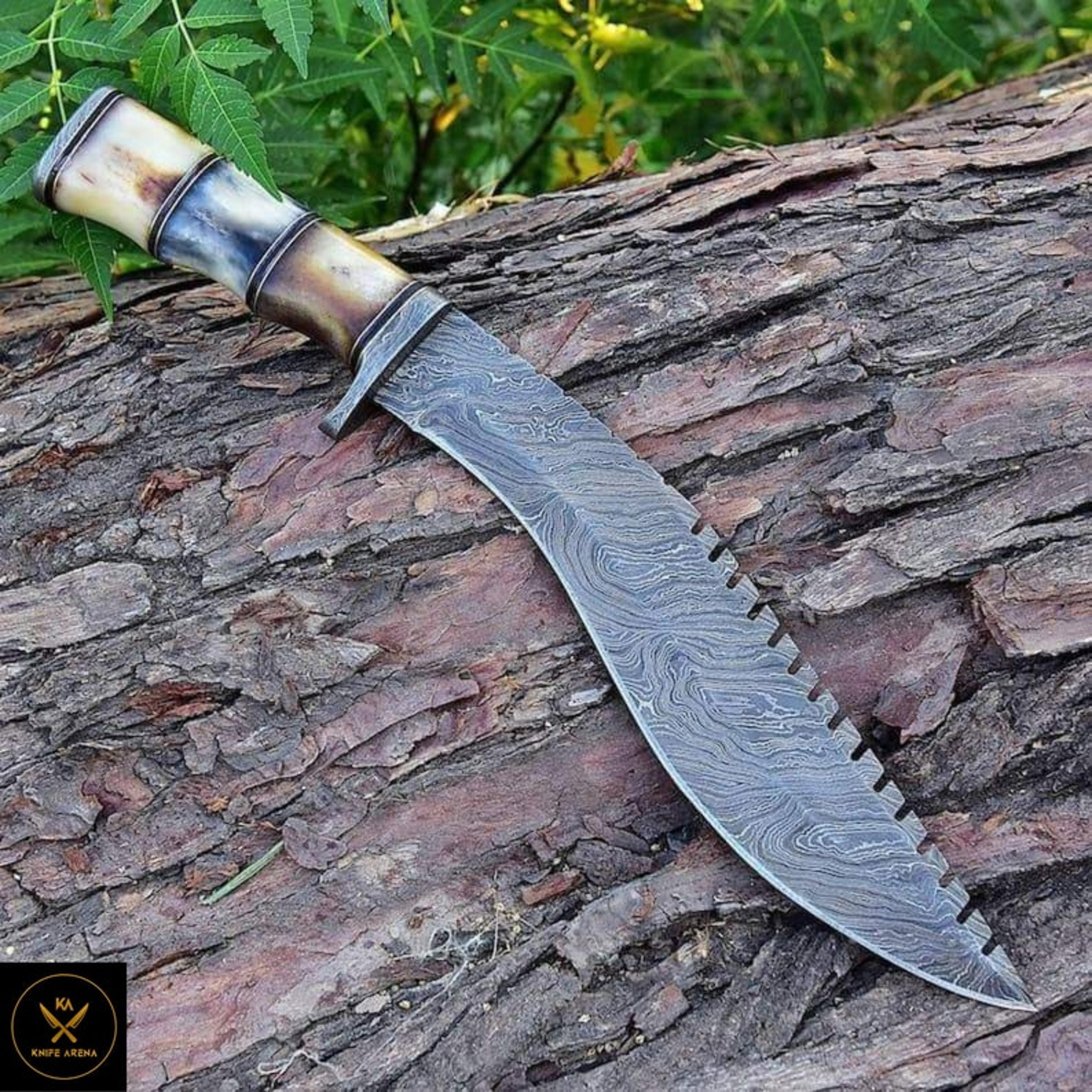 damascus hunting kukri knife, damascus steel camping knife, camel bone handle, survival knife, groomsmen gift, christmas