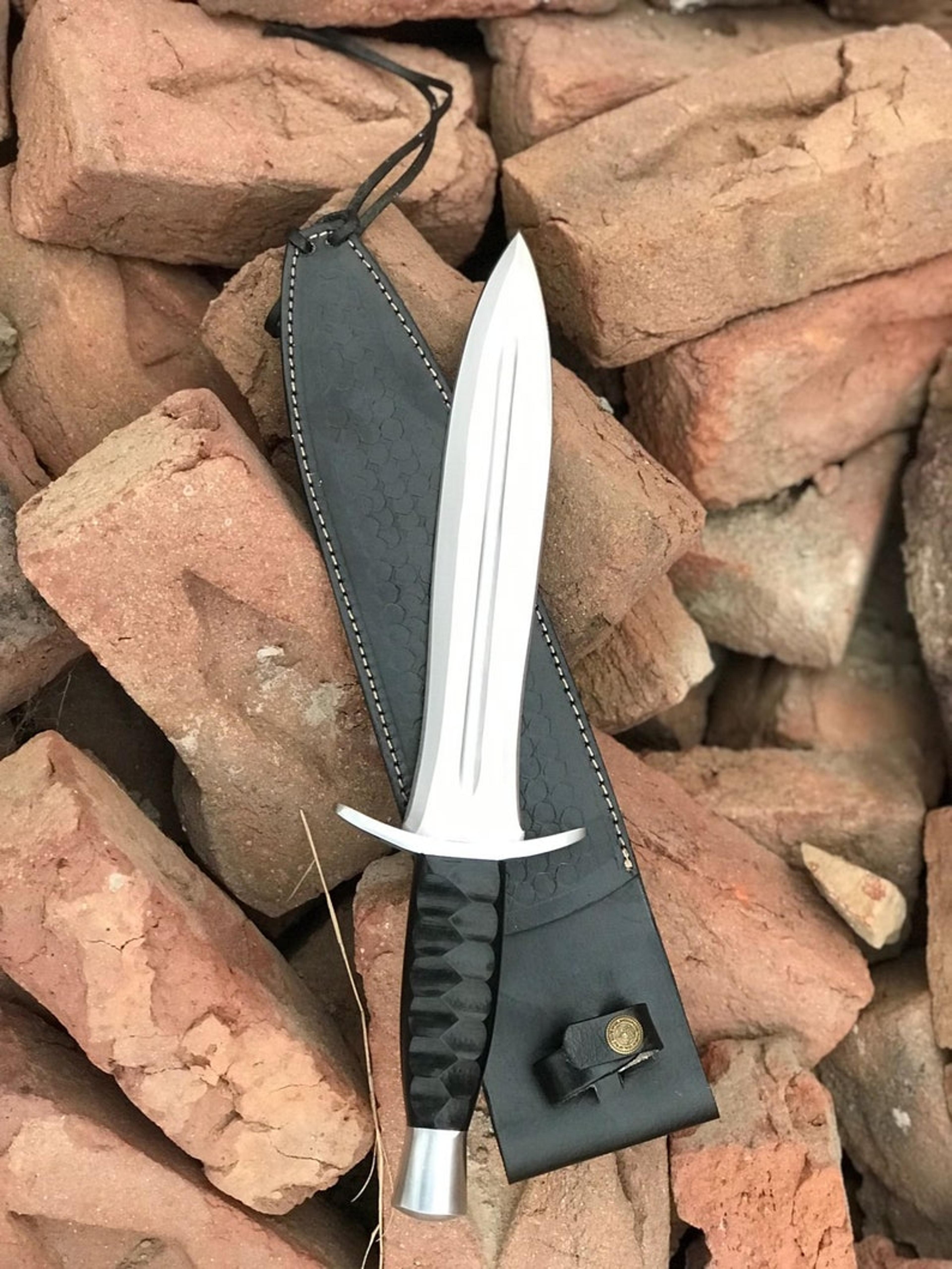 g-10 handle forged on custom handmade d2-tool steel hunting dagger knife with hand forged leather sheath