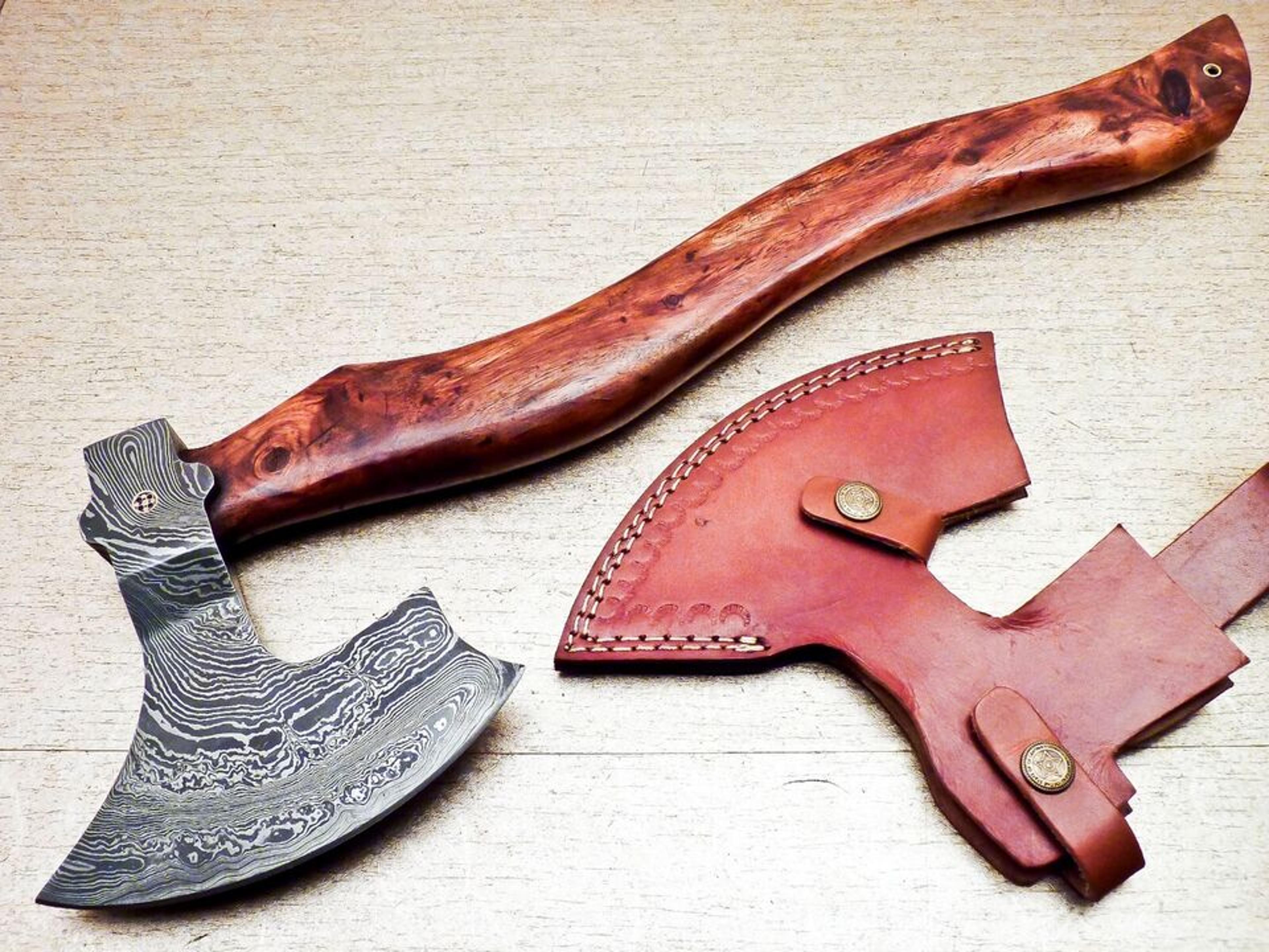handmade damascus steel axe | forged blade with natural wood handle & leather sheath | premium bearded viking axe