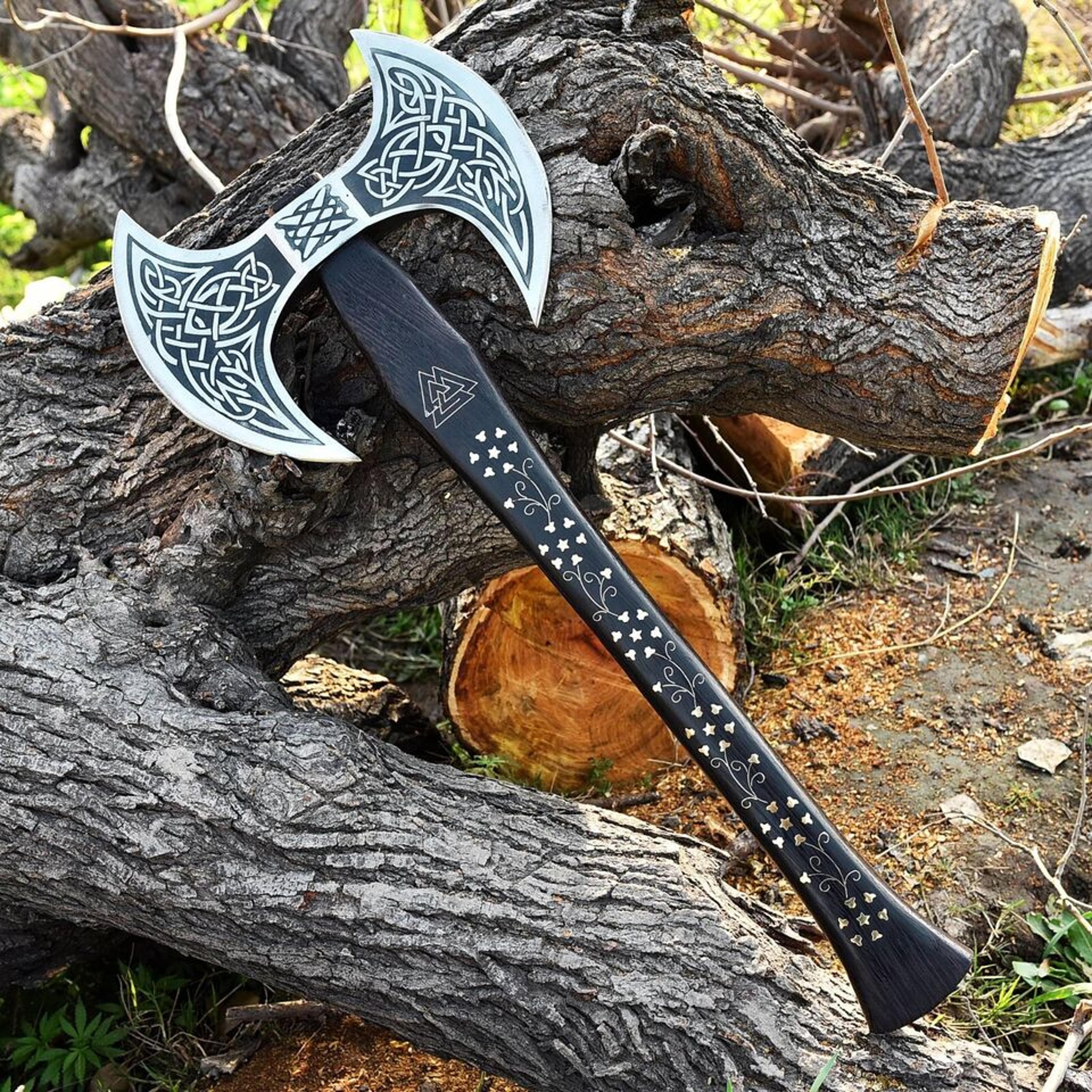handmade double edge viking axe | 19 inch wooden handle with stainless steel blade leather sheath