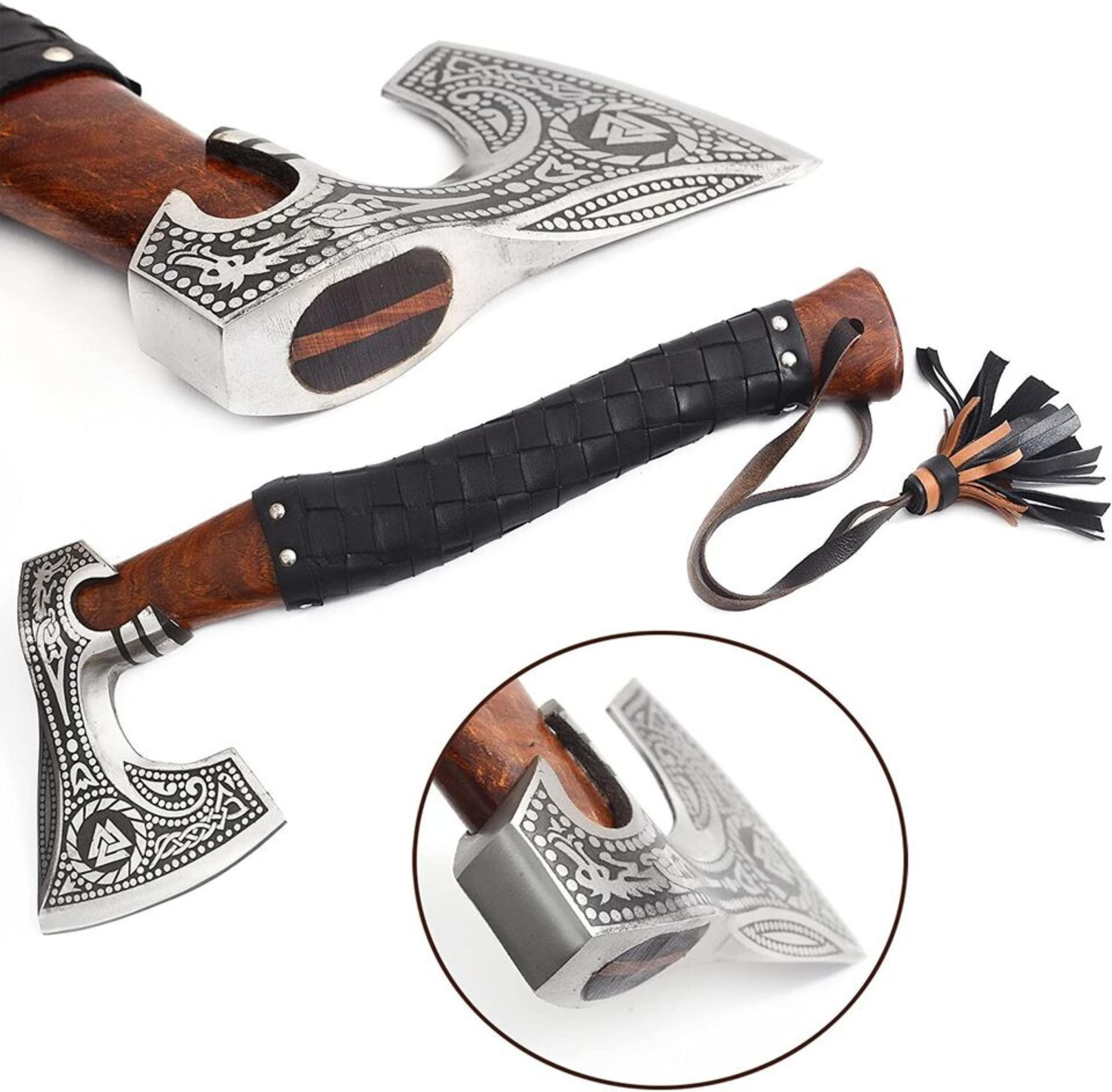 handmade engraved viking axe | 19 inch high carbon steel blade with 6 inch edge | free premium leather sheath